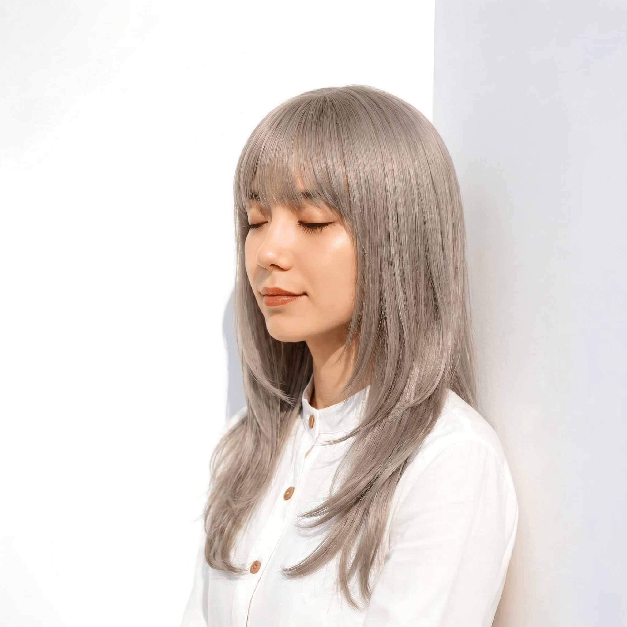 16. アッシュグレー×セミロングストレート: 青みグレーで柔らかさを演出