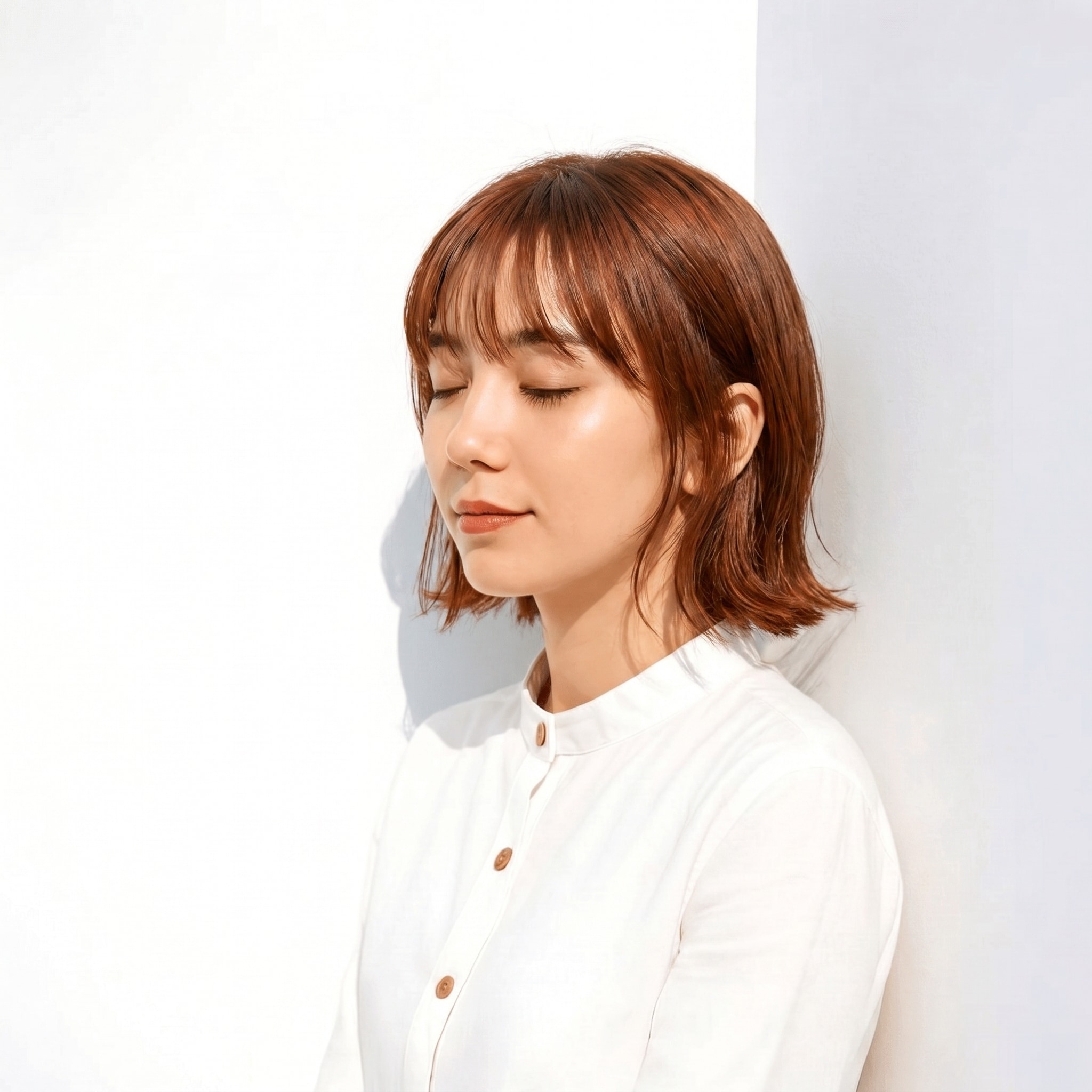 16. アプリコットオレンジ×コンパクトボブ: 丸みシルエットにコッパーのツヤと軽さを添える