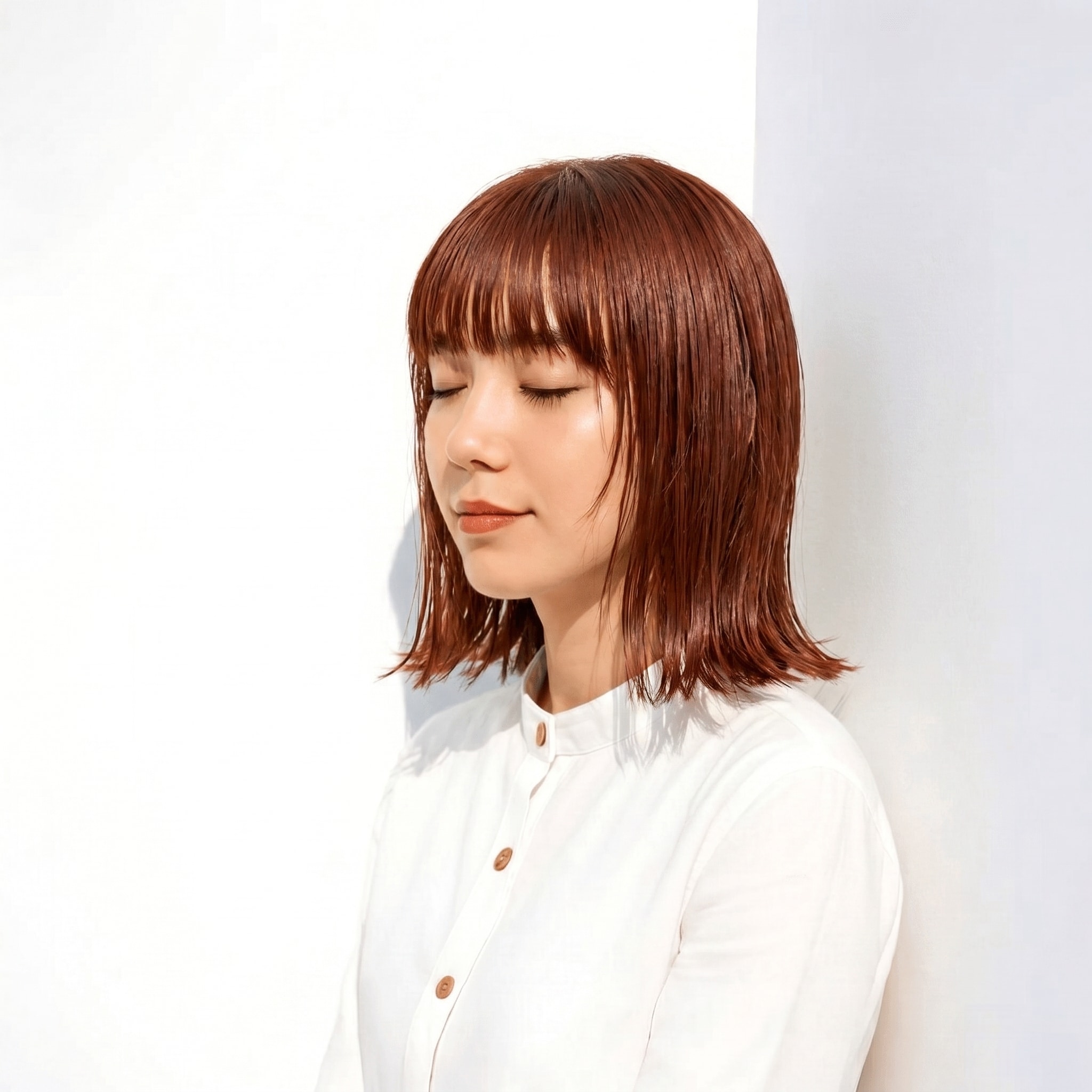 16. カッパーブラウン×落ち着きカラー×切りっぱなしライン: 明るい発色が動きを強調し、軽快な雰囲気に