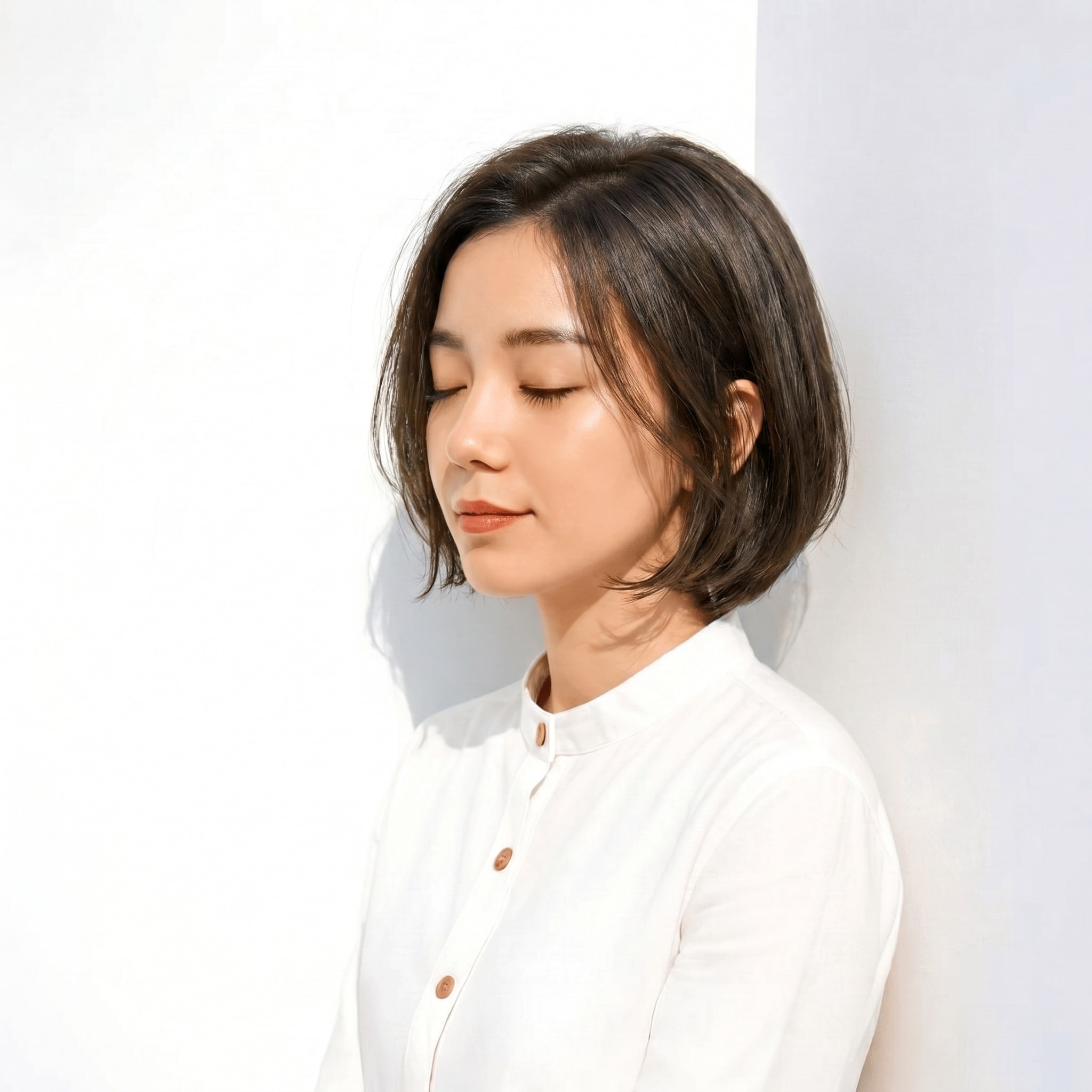 16. カーキグレージュ×抜け感ボブ: 暗めトーンでも軽やかさを演出