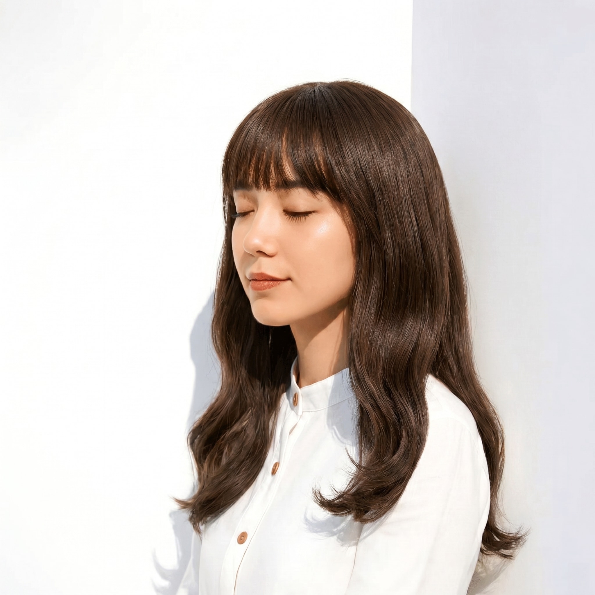 16. グレージュ×ニュートラル: ツヤを引き立てるミディアムロングの魅力