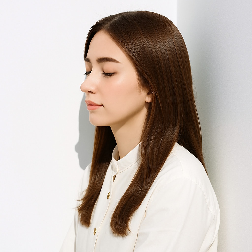 16. シフォンベージュ×ストレートロング：大人っぽいスタイルとカラーが相性抜群