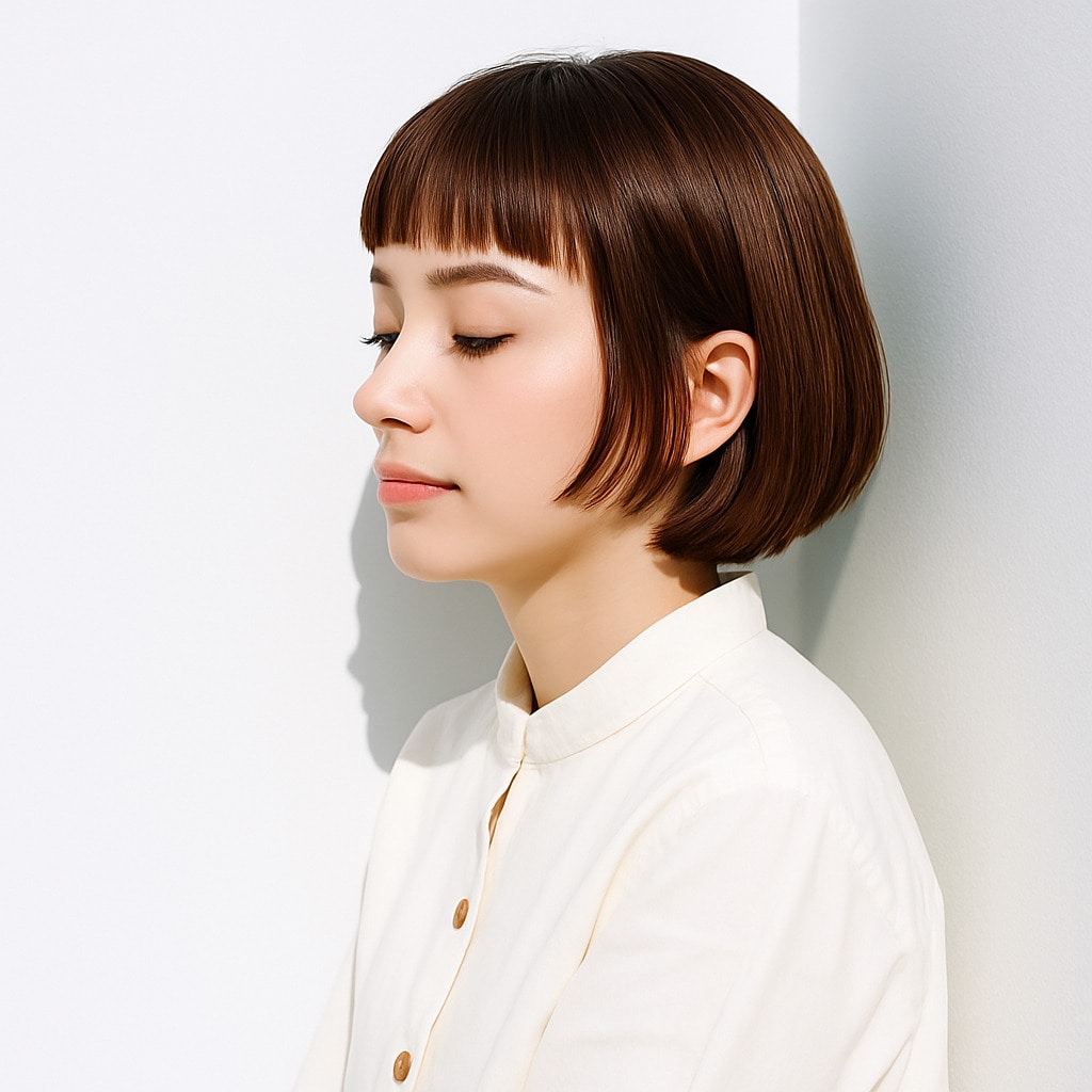 16. ショコラベージュ×ショートボブ：オン眉で初対面でも親しみやすい女性らしさを演出