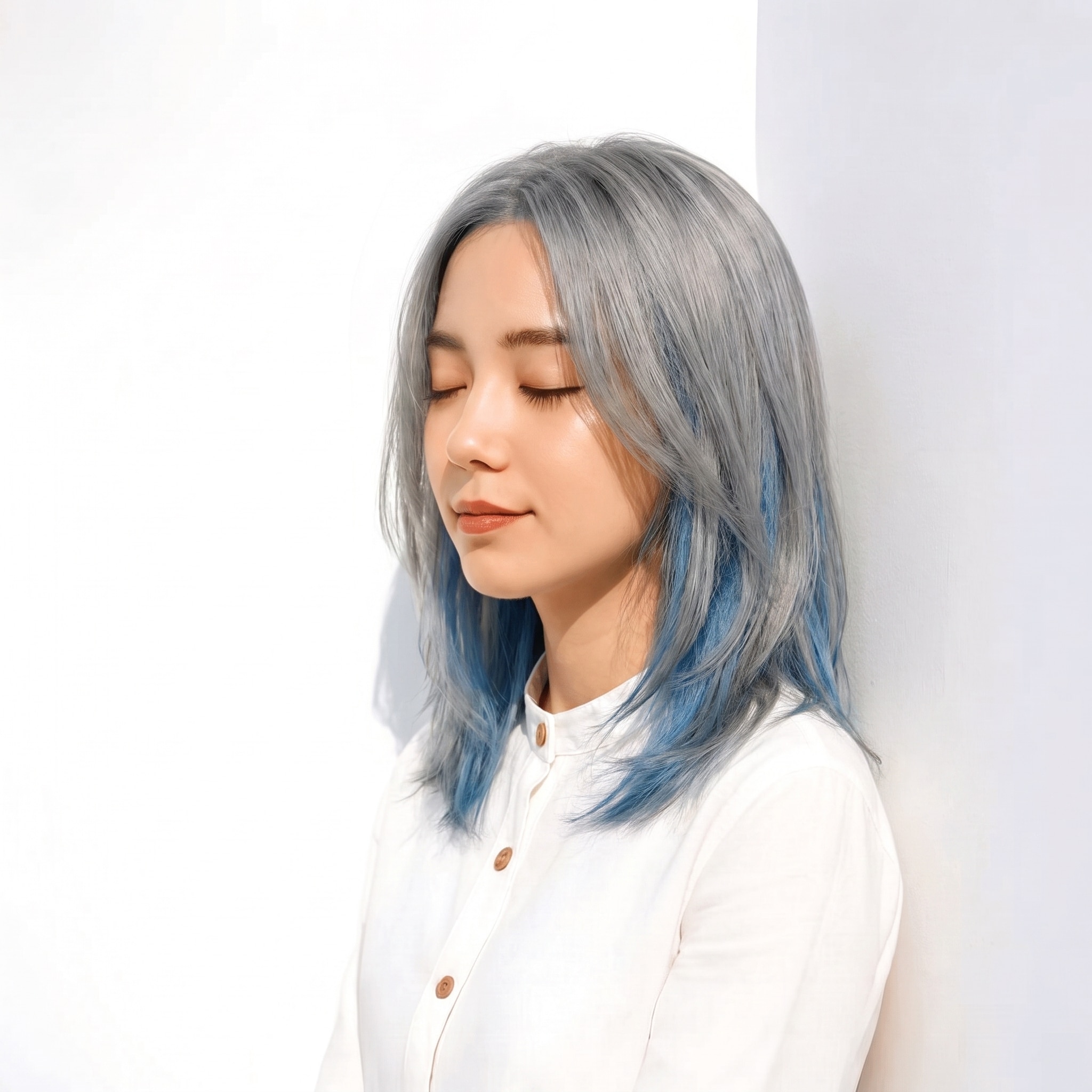 16. シルバーグレージュ×ストレートロング: 毛先のブルーでロングに透明感と個性が出る