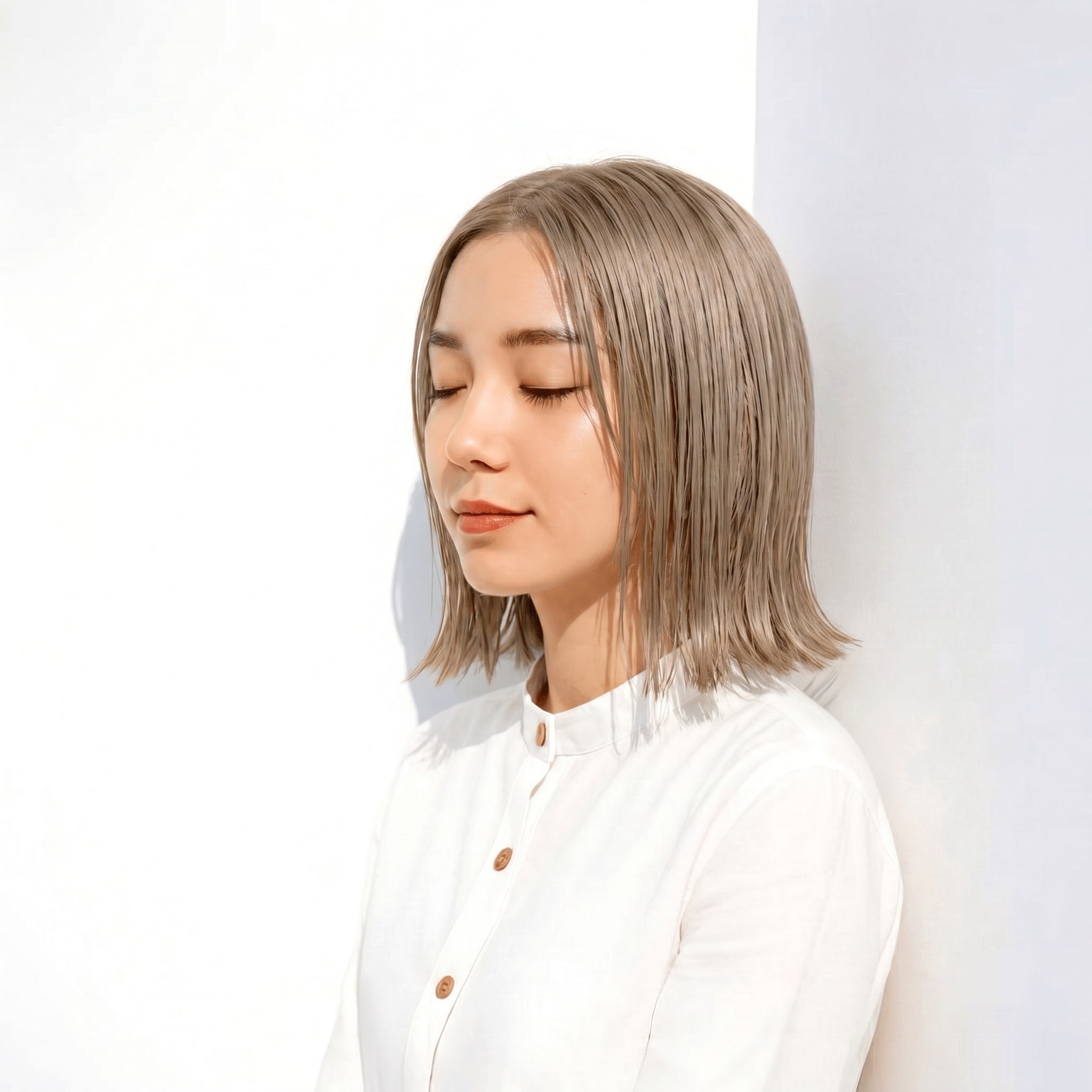 16. ダークグレージュ×センターパートボブ: 立体感とツヤで大人の魅力を引き出す