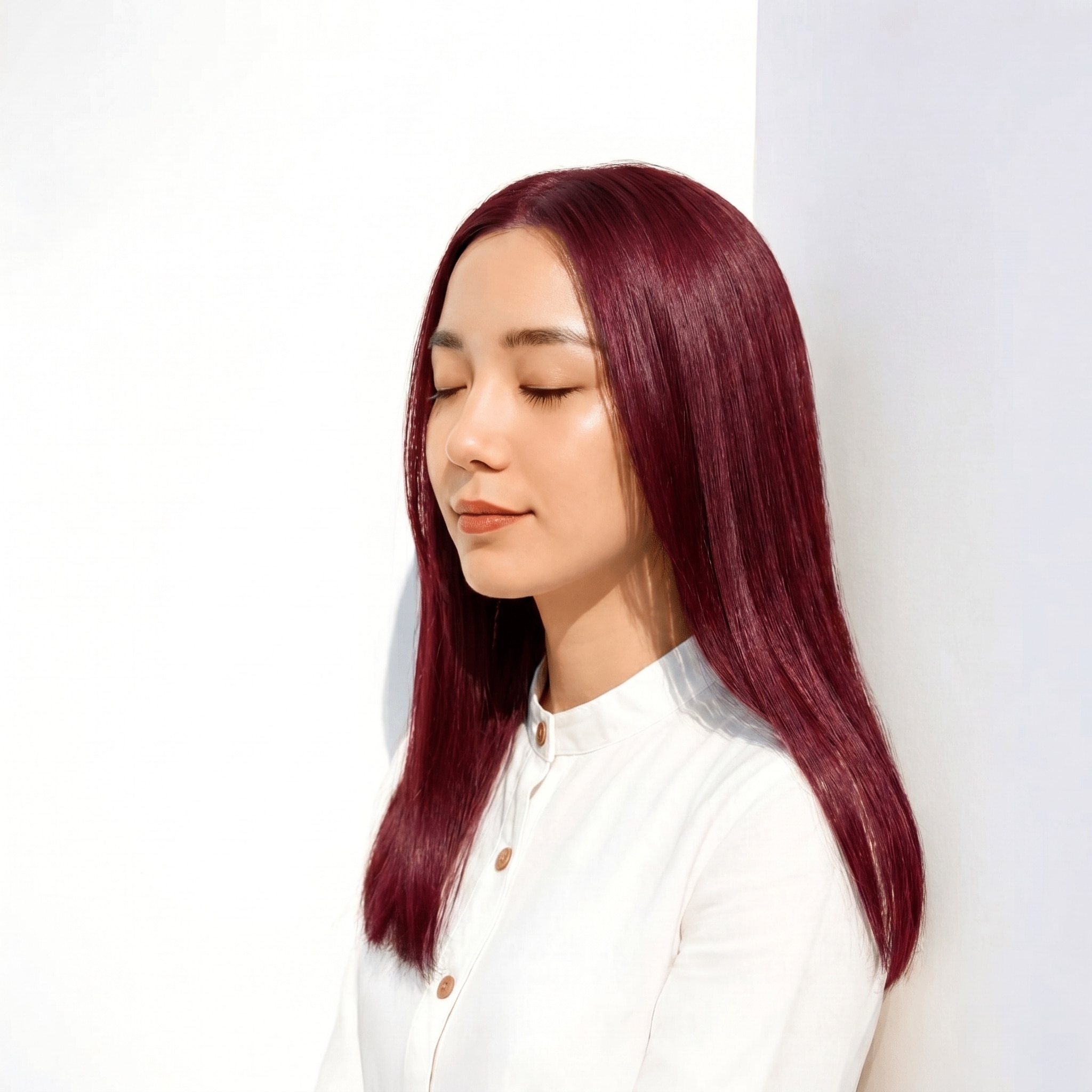 16. チェリーレッド×ストレートロング: 深みのある赤でツヤを引き出す