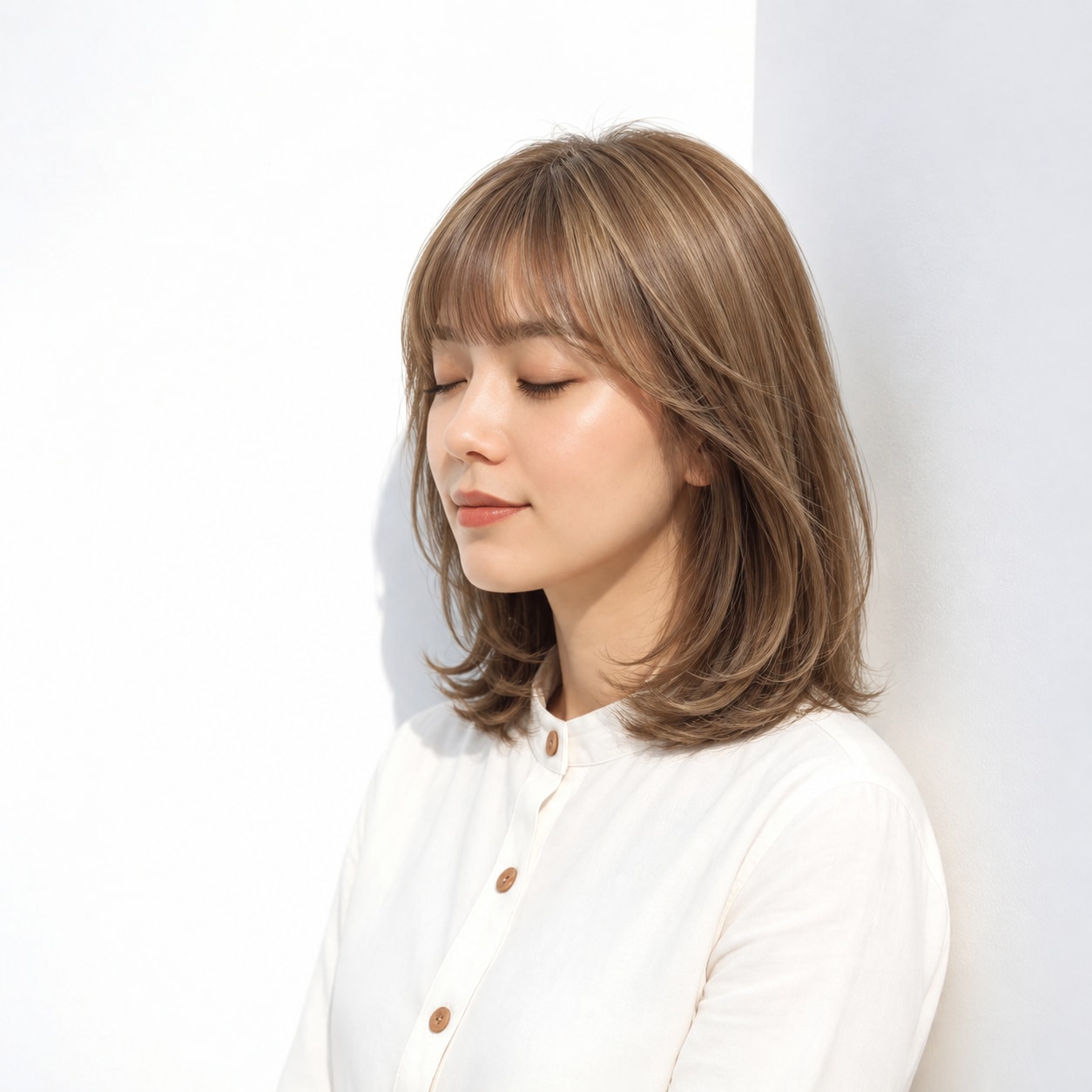肩上のレイヤーボブに合わせたハニーベージュ