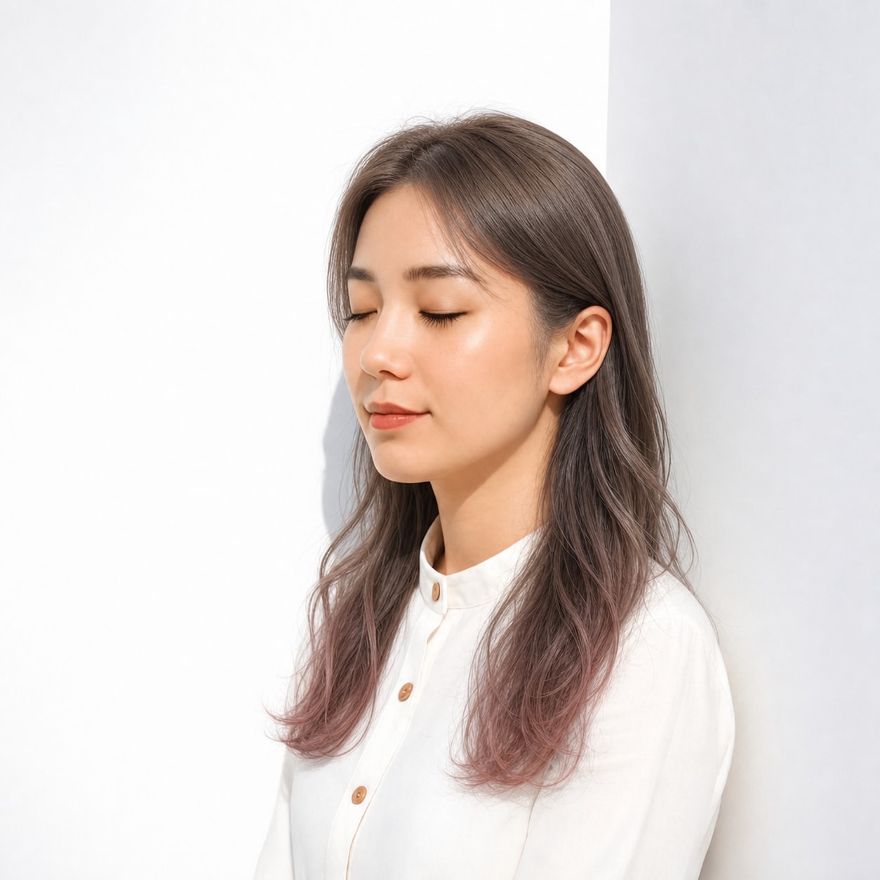 16. ピンクグラデーション×ストレートロング: 毛先のピンクでロングヘアが重くなりにくい