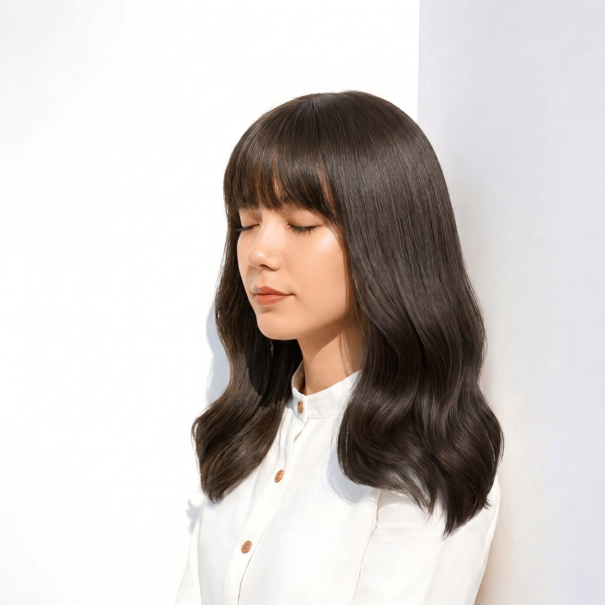 16. ブリーチなしグレージュ×ミディアムワンレン: 落ち着いたトーンで柔らかさを演出