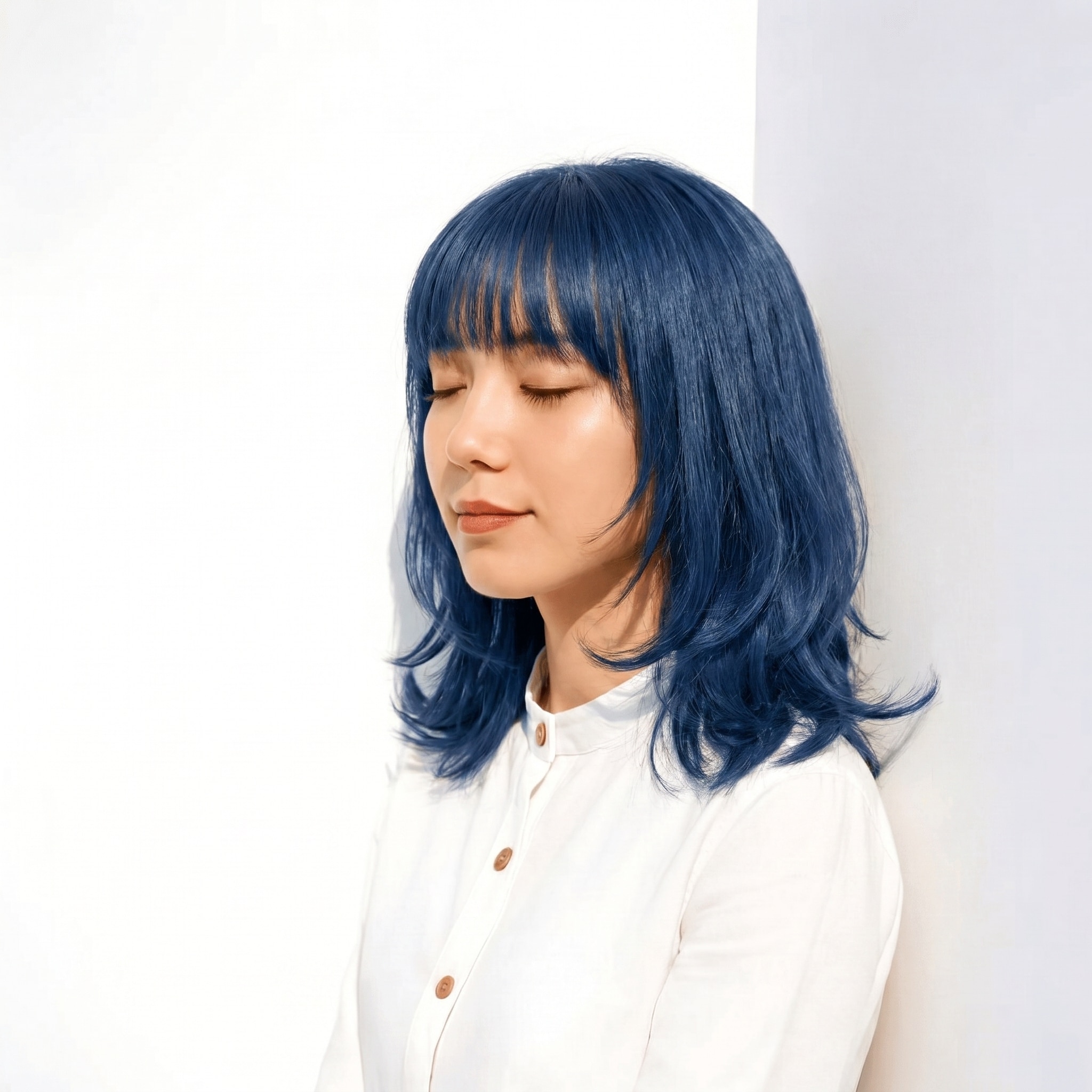 16. ブルーアッシュ×ミディアムレイヤー: クールで柔らかな動きを演出
