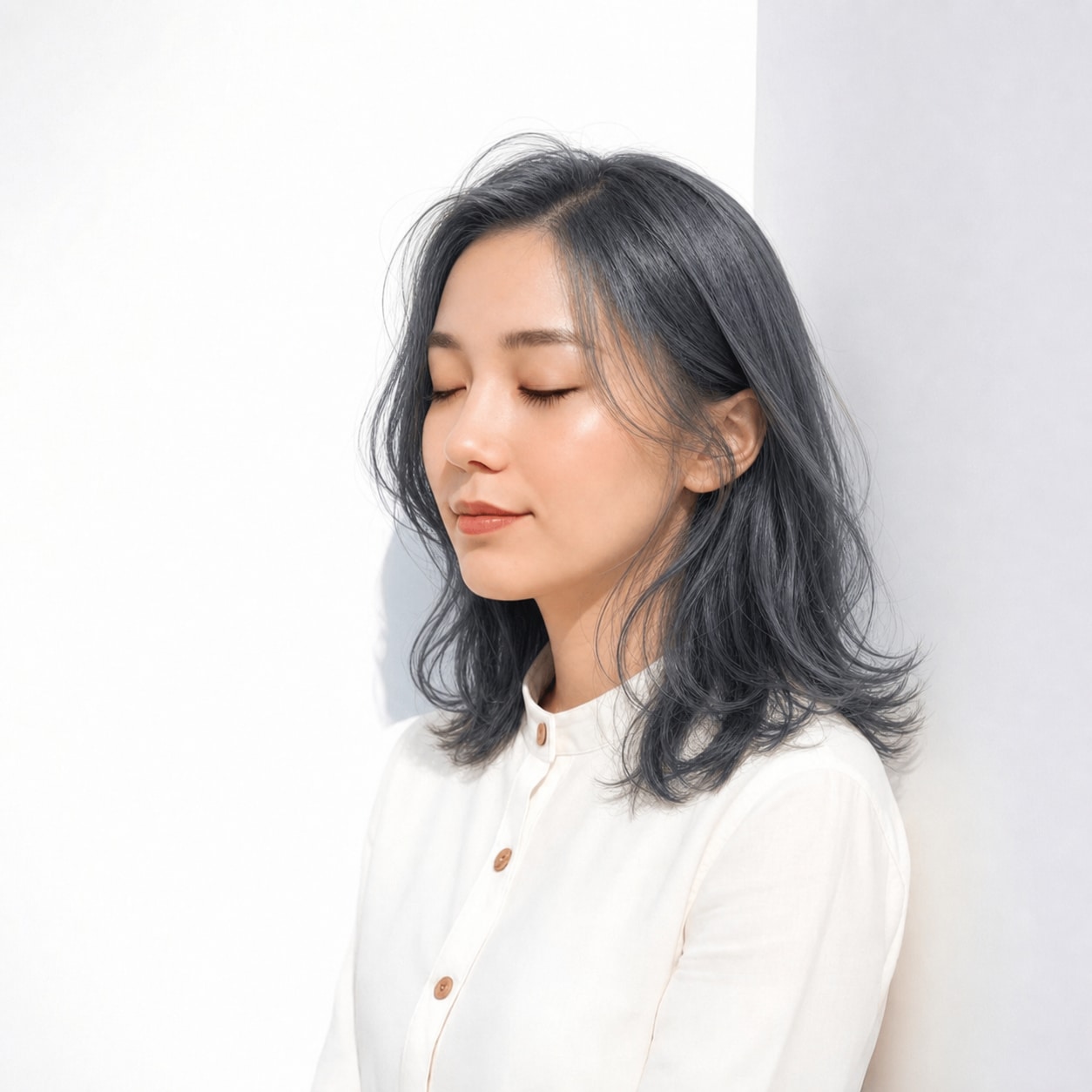 16. ブルーグレージュ×外ハネミディアム: くすみを含む青みで派手になりすぎない