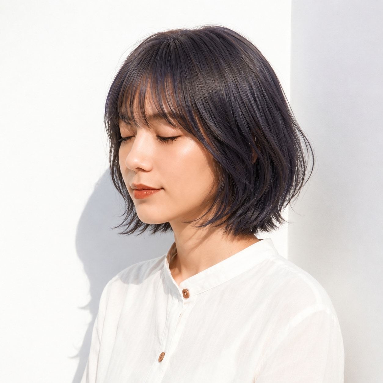16. ブルーブラウン×丸みボブ: 透明感ある立体感を演出するヘアカラー