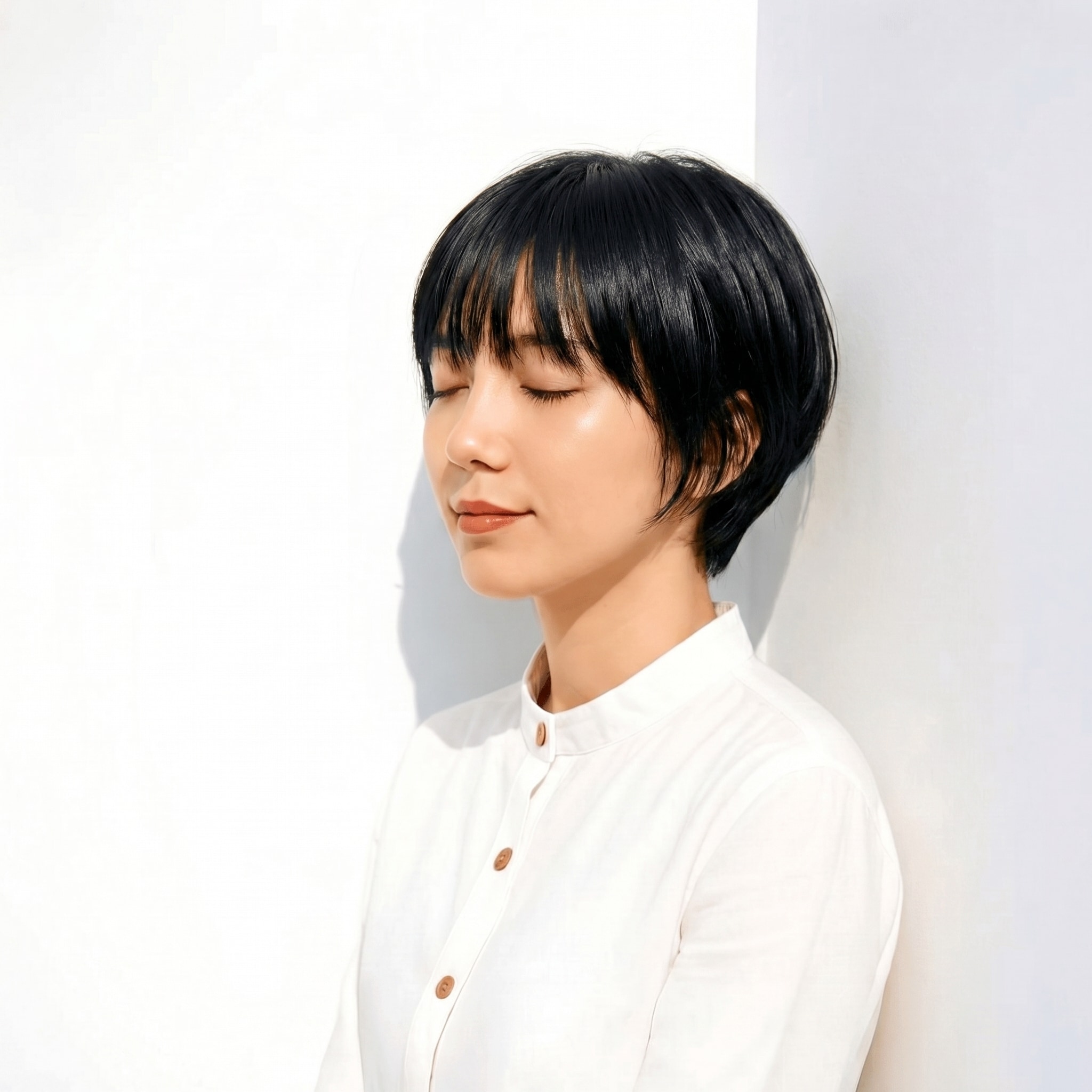 16. ブルーブラック×丸みショート: 深い青みが引き立てる洗練されたシルエット