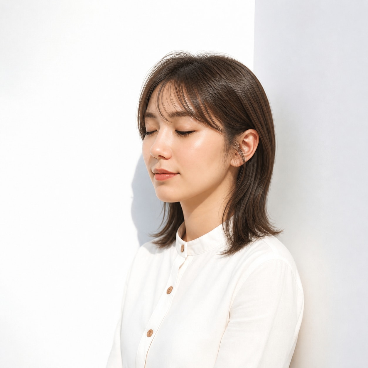16. フレンチバング × 耳かけミディアム：横顔をすっきり