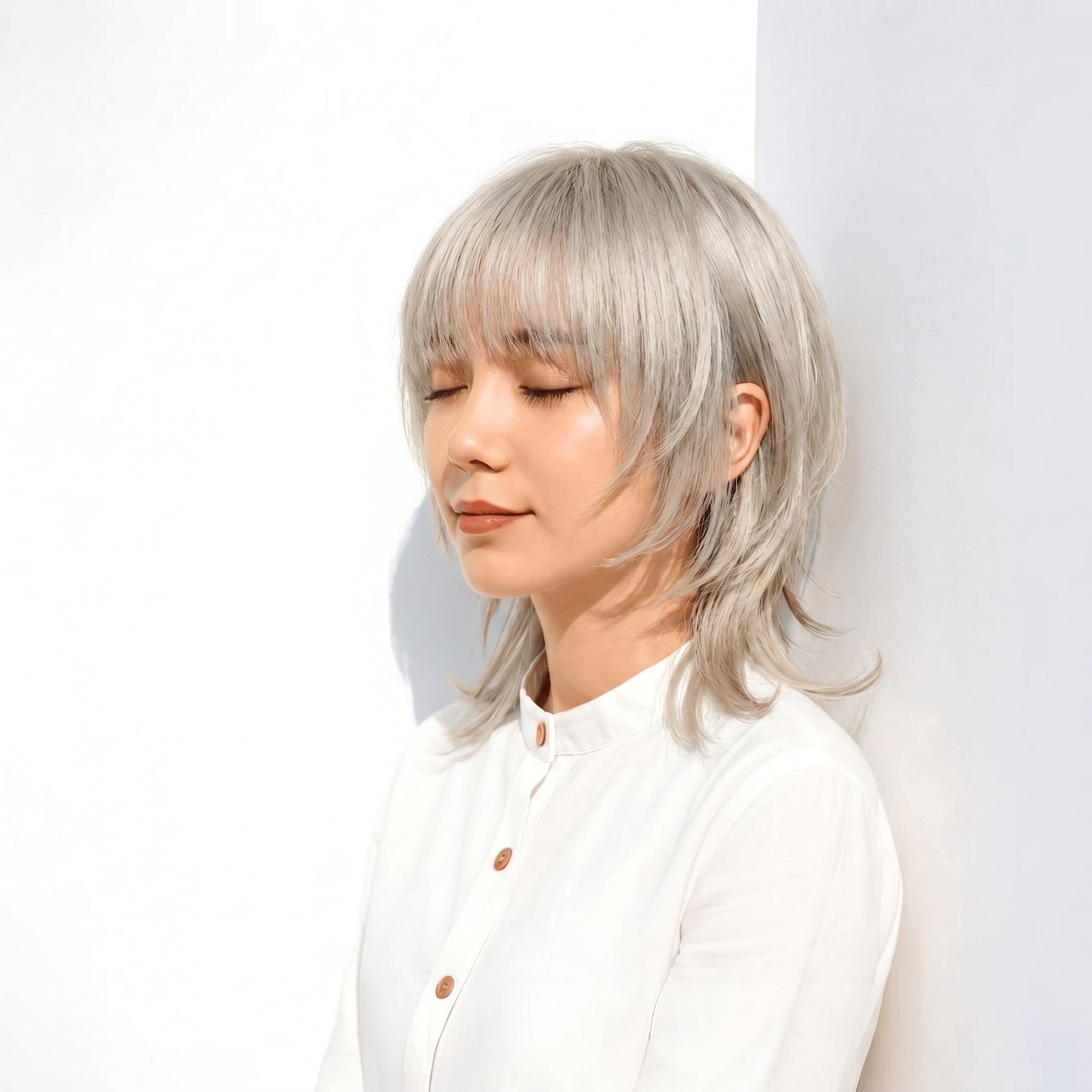 16. ホワイトシルバー×レイヤーミディアム: クールな深みで、洗練された印象に仕上げる