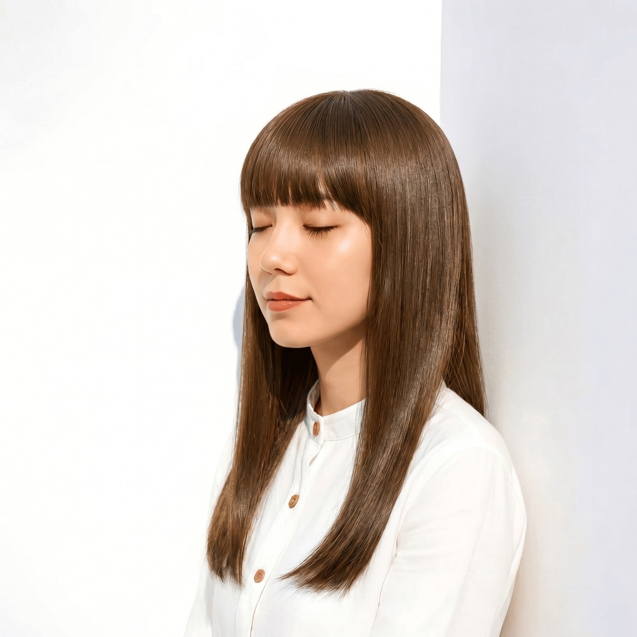 16. マットブラウン×ロングストレート: やや明るいくすみでロングの重さをやわらげる