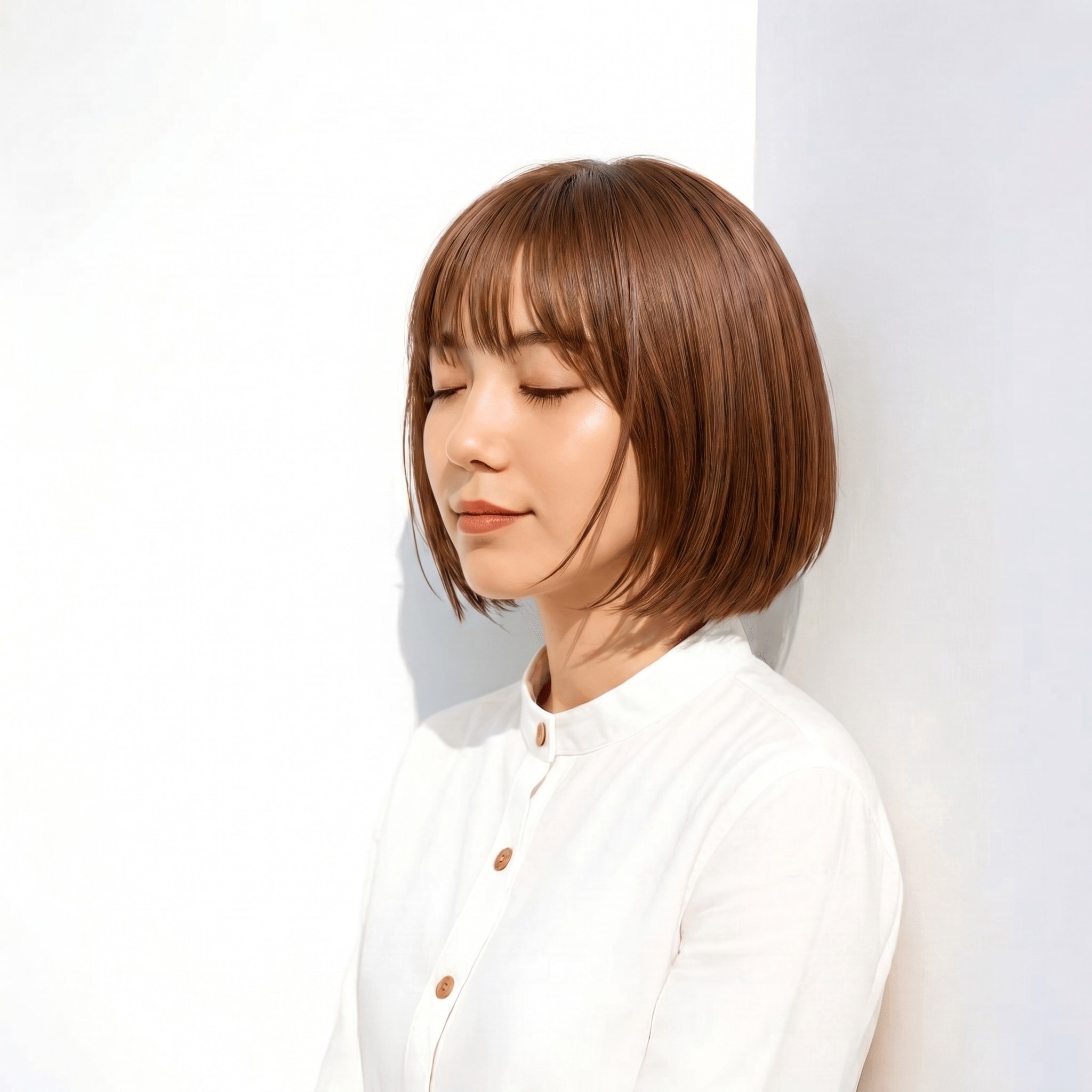 16. マロンベージュ×ナチュラルツヤ感: 丸みボブで自然な明るさを演出