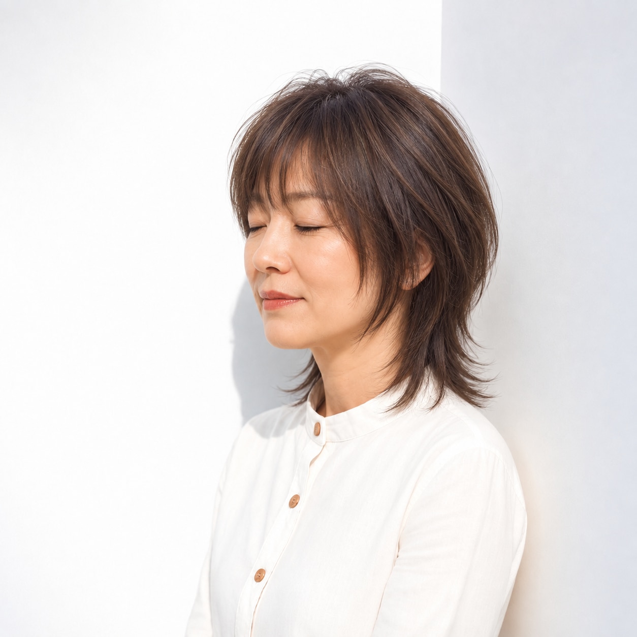 16. ミディアムウルフ × 丸みシルエット：高さを出しすぎず、後頭部まで自然な立体感が続きます