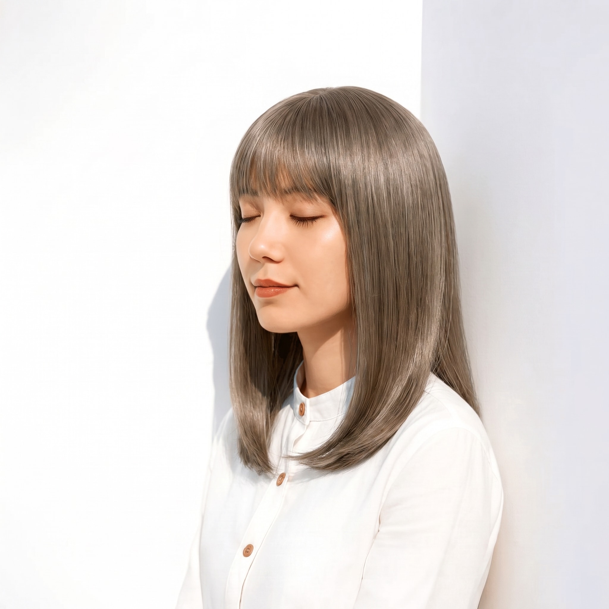 16. ライトベージュ×ストレートロング: グレー寄りの明るいベージュでロングに透明感が出る