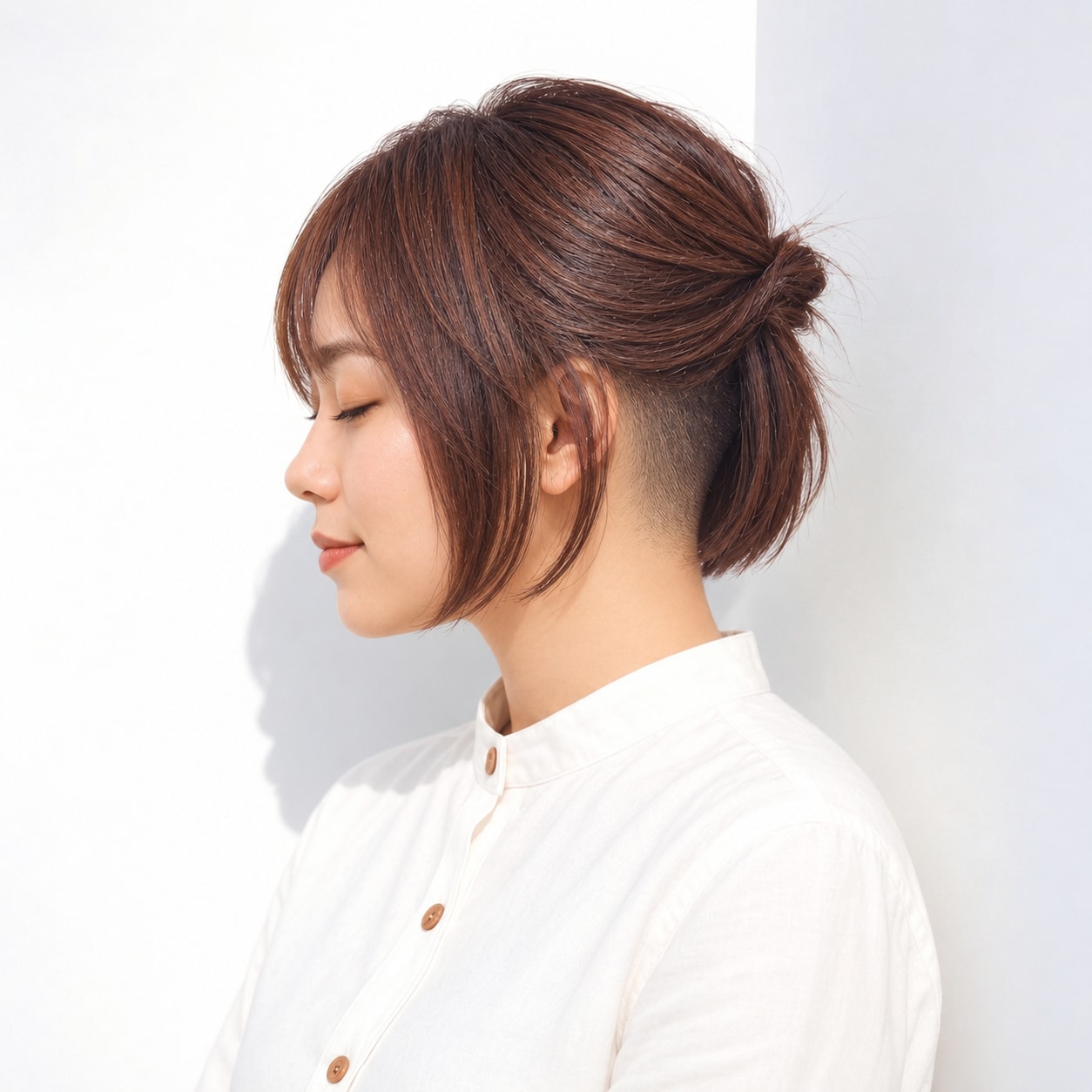 10. 刈り上げボブ × ハーフアップ：ボブの丸みを残しながら短いサイドを見せられる