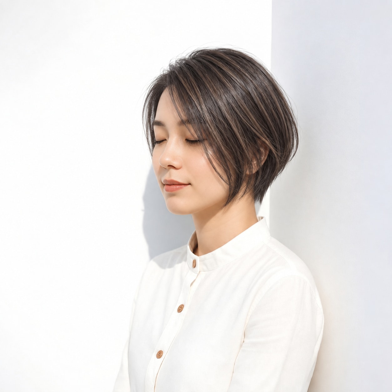 16. 前下がりショートボブ × ツヤ髪：ラインが乱れず、シンプルなボブの形をきれいに見せます