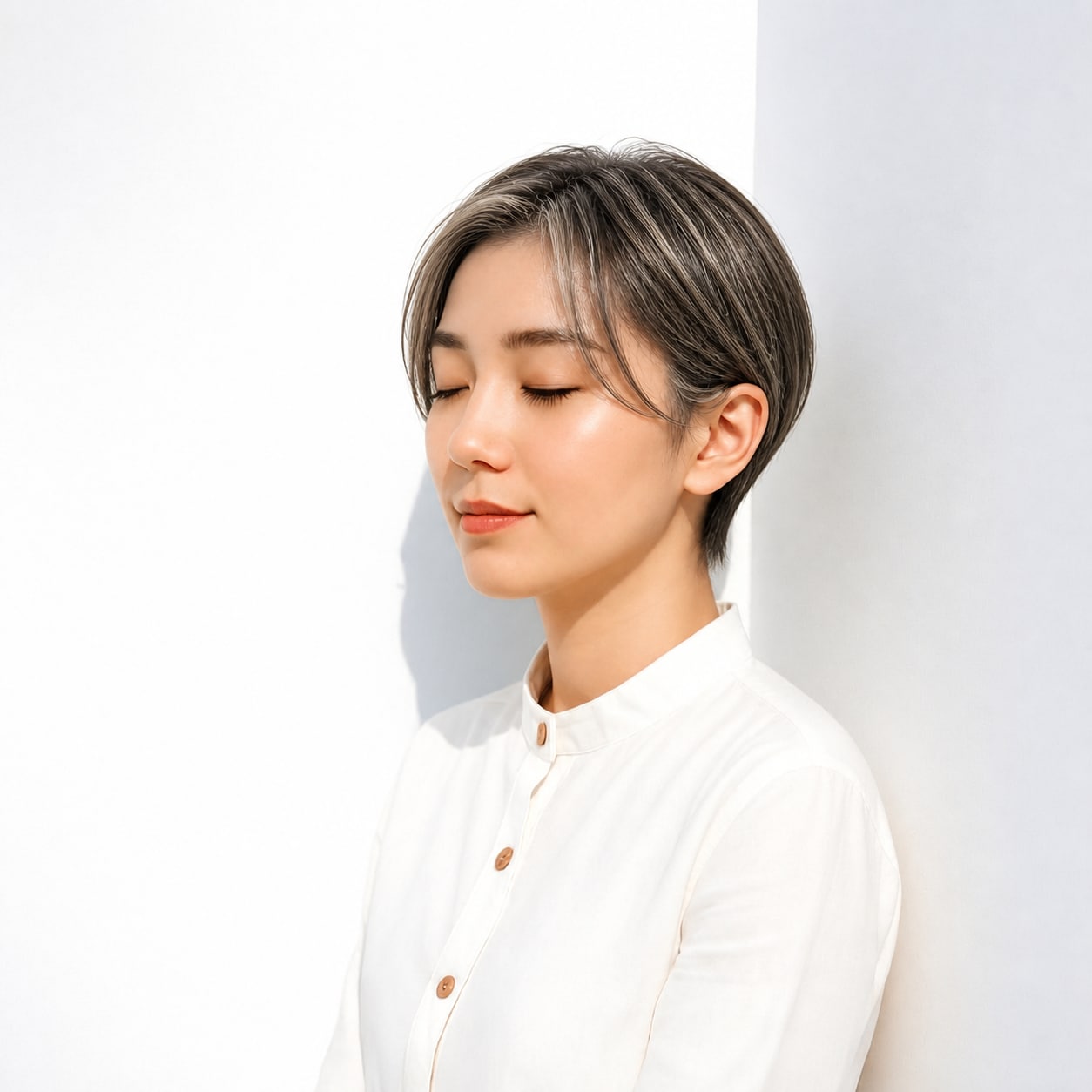 16. 白髪ぼかしハイライト × タイトショート：細いベージュがすっきりした形になじむ