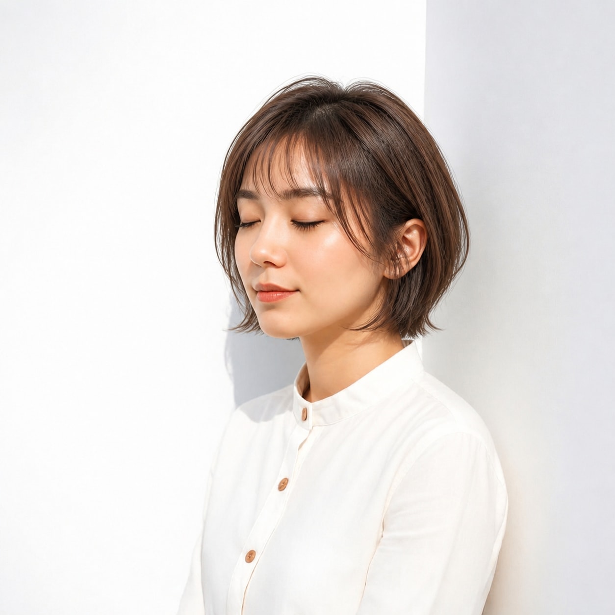 16. 面長ボブ × 前髪あり × ミディアムボブ：毛先が軽やか