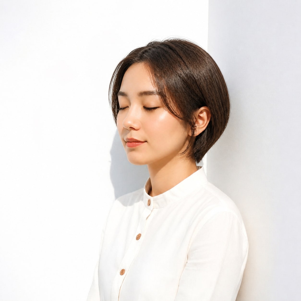 16. 面長ボブ × 前髪なし × ダークショート：すっきり落ち着く