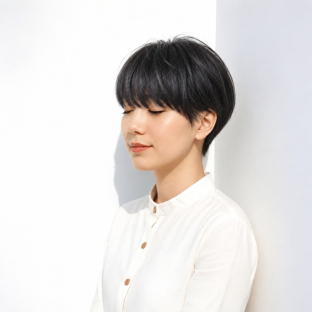 10. 黒髪マッシュショート × 厚め前髪：くっきりした丸みを楽しむ