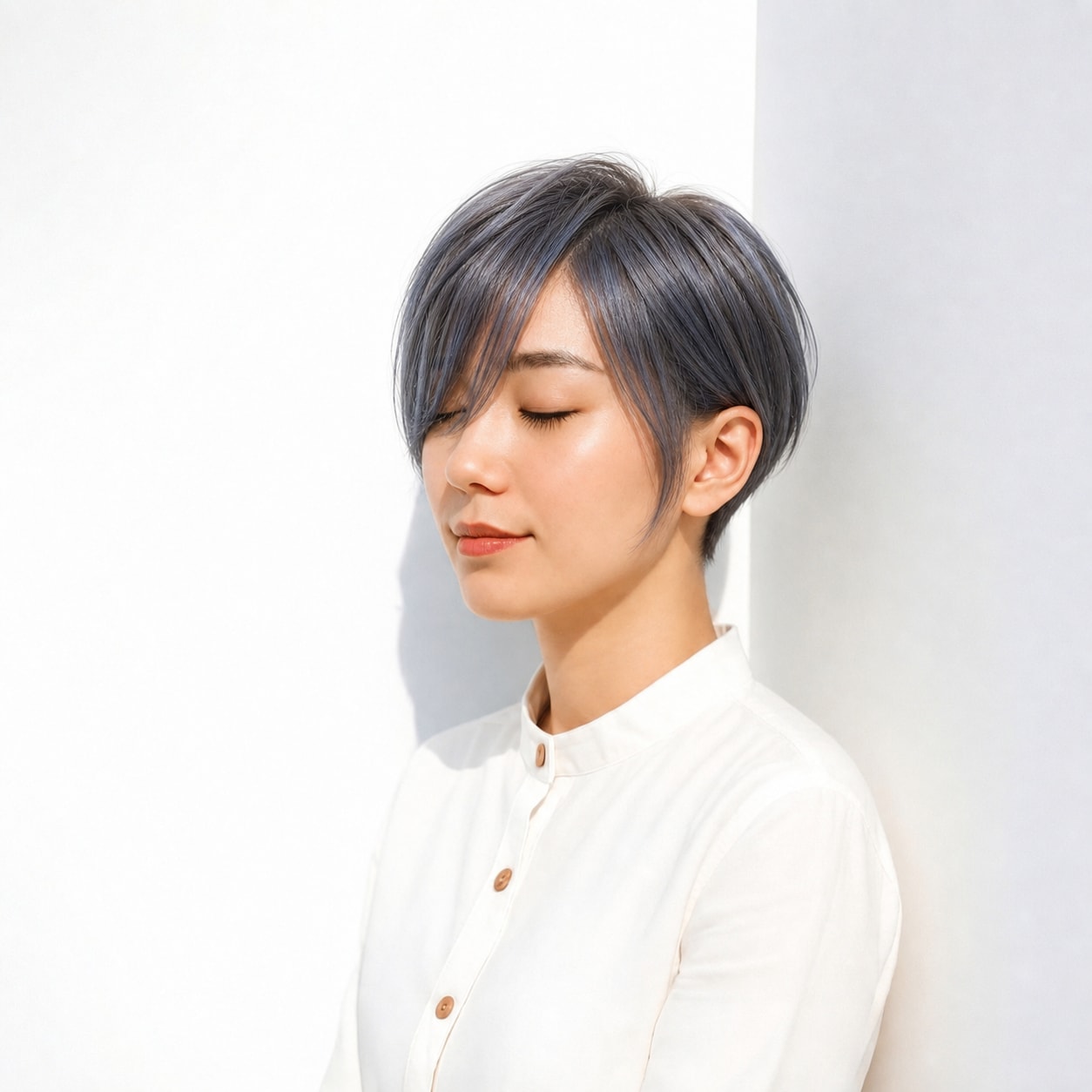 17. くすみブルー×ショート: 暗めブルーグレーで短めショートが端正な印象になる