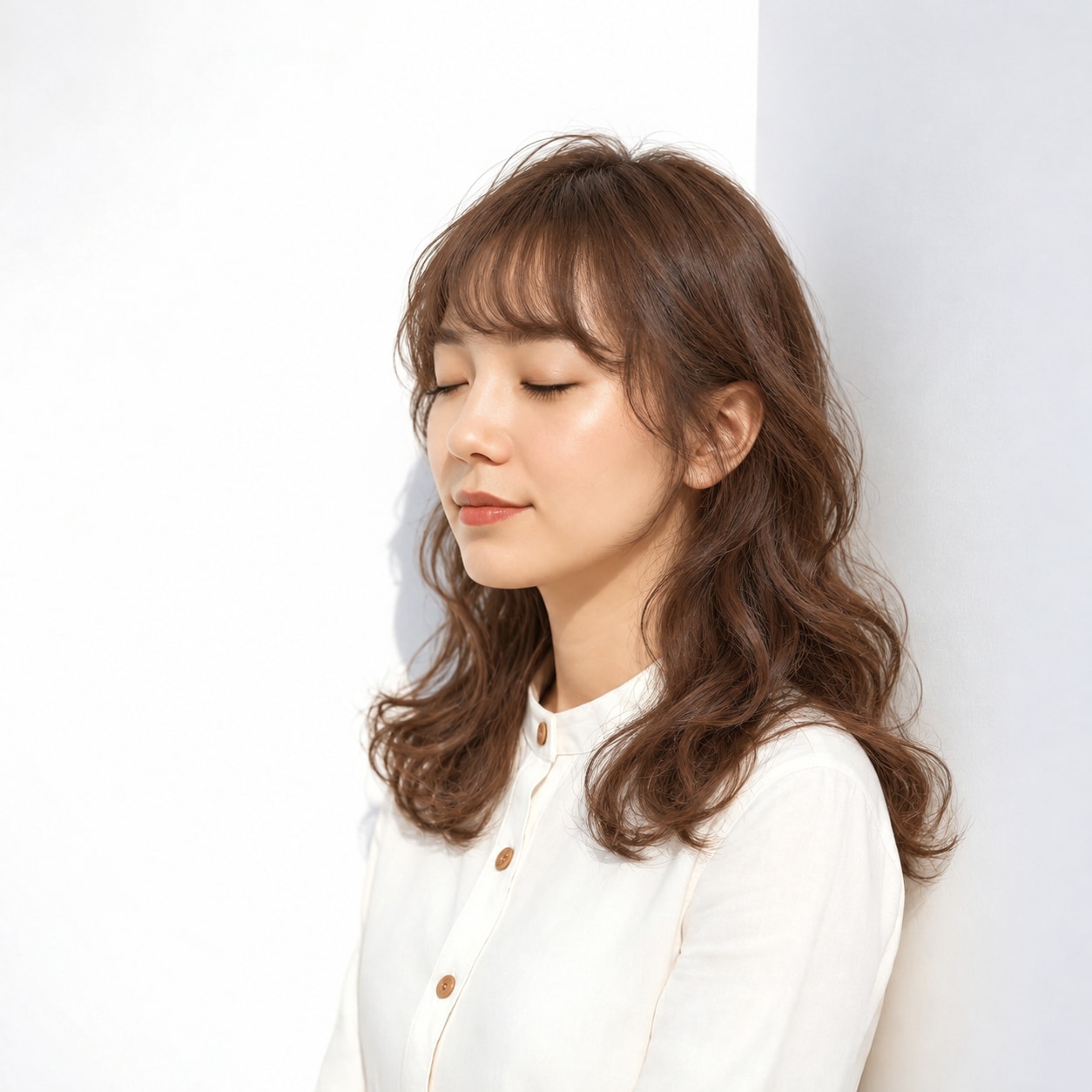 9. ゆるふわパーマ × ミディアム × ブラウン：前髪から毛先まで曲線がつながる