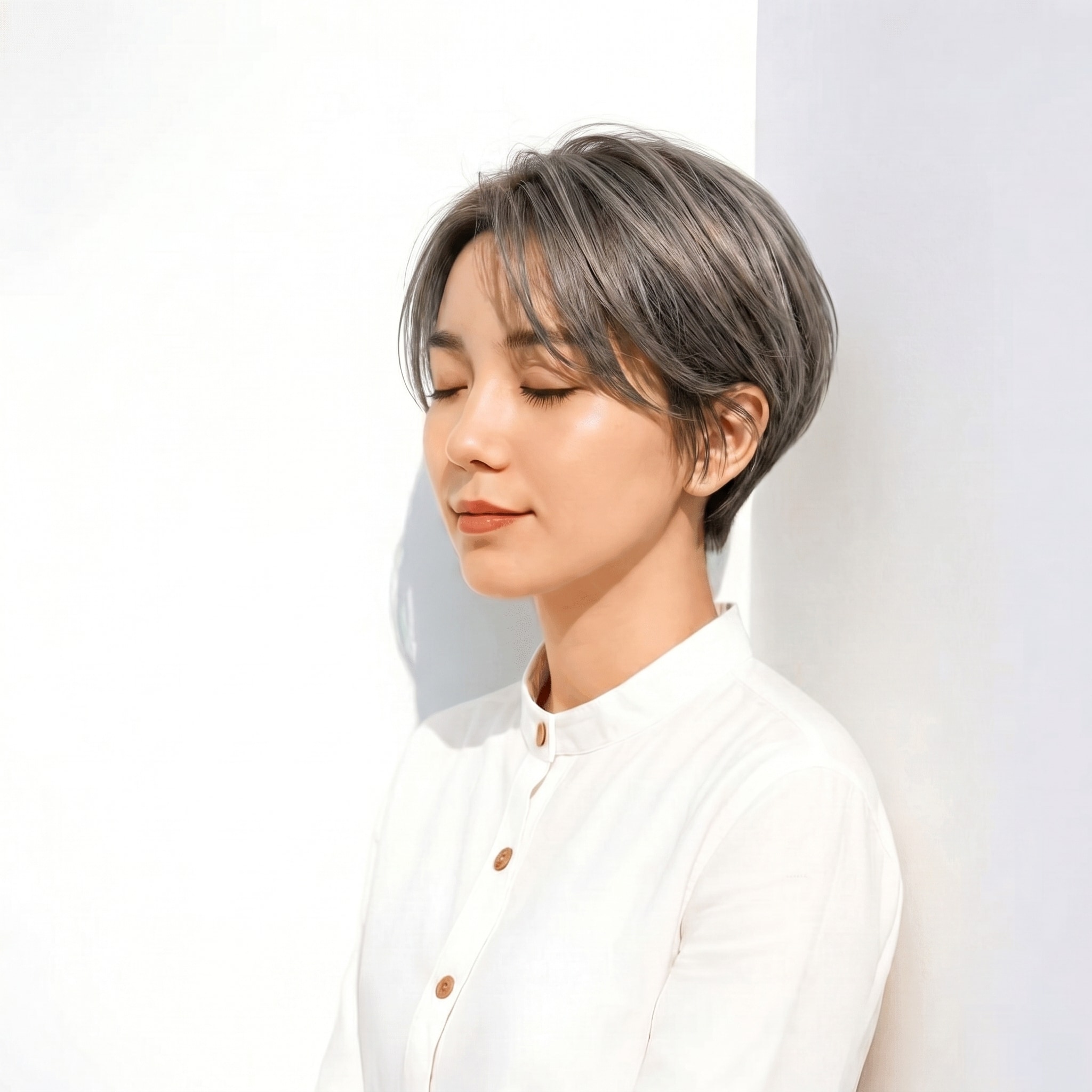 17. アッシュグレージュ×ショートレイヤー: 丸みと束感で軽やかに仕上げる