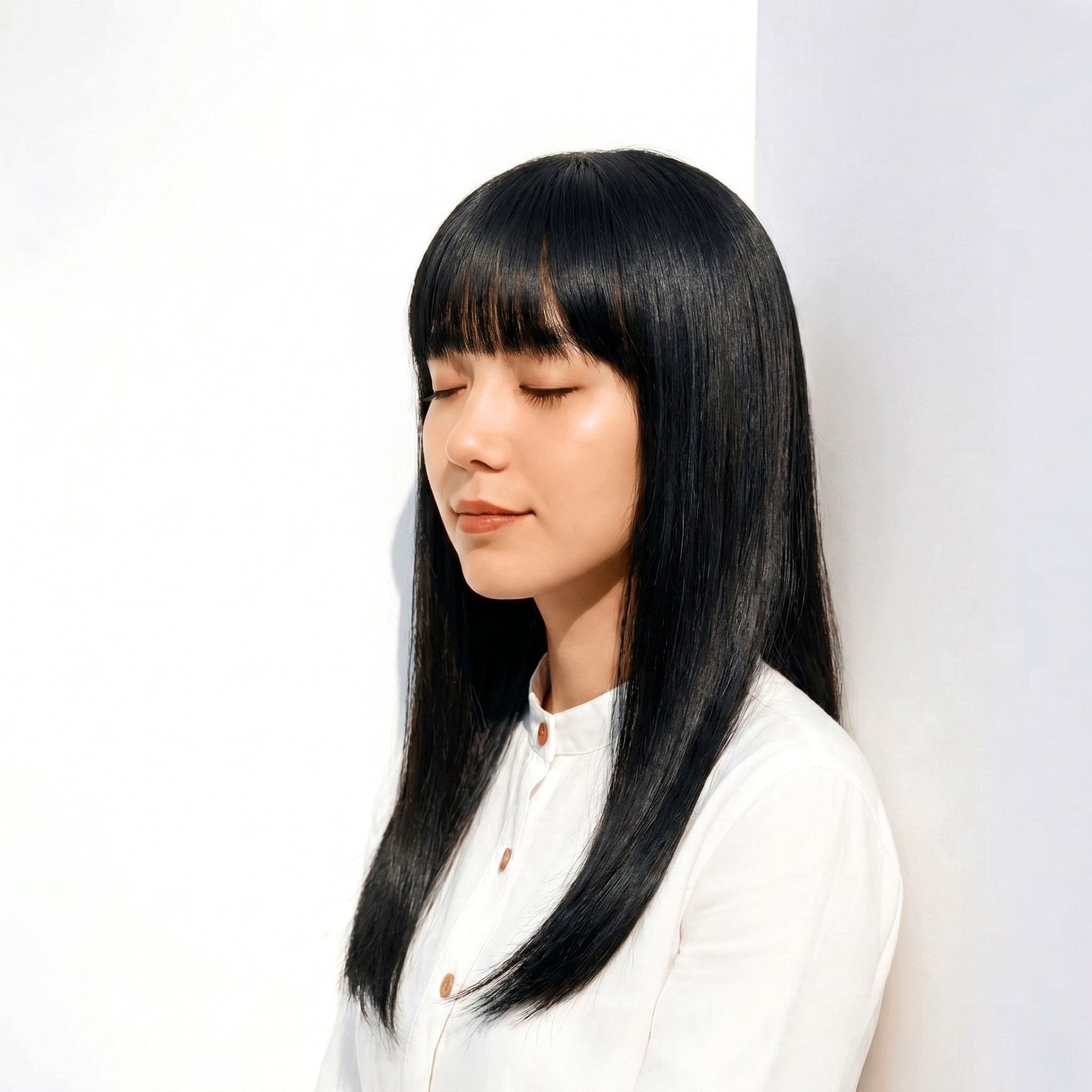 17. アッシュブラック×モード: ワンレングスのストレートで都会的な雰囲気を演出