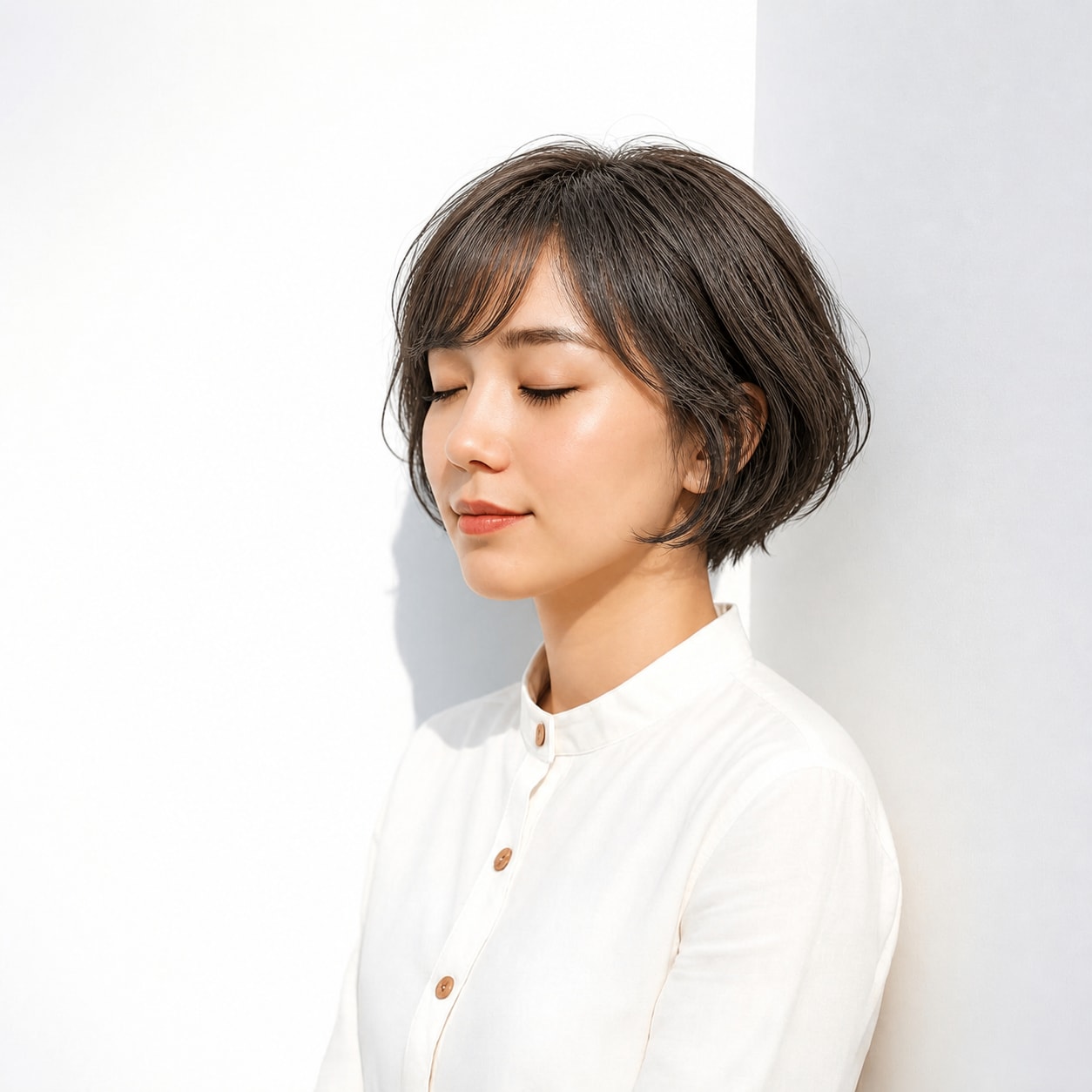 17. ショートパーマ × ダークブラウン：内側へ動く毛先でボブの丸さが整う