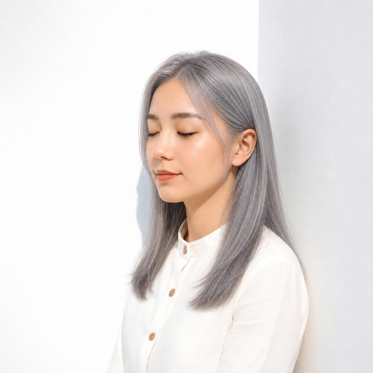 17. シルバーアッシュ×ストレートロング: 淡いシルバーでストレートでも重くなりにくい