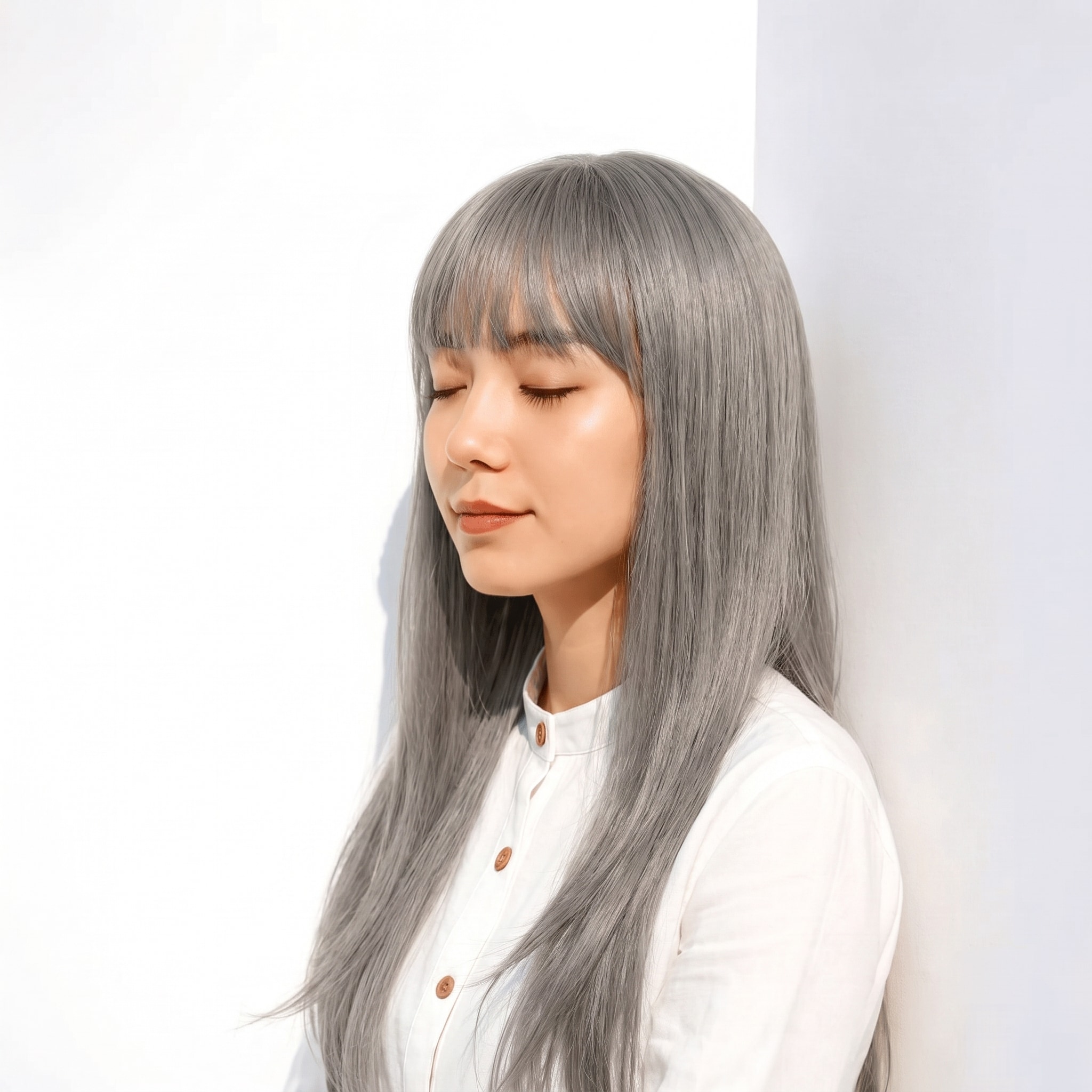 17. シルバーグレージュ×ストレートロング: ハイトーンのシルバーにベージュが入り上品にまとまる