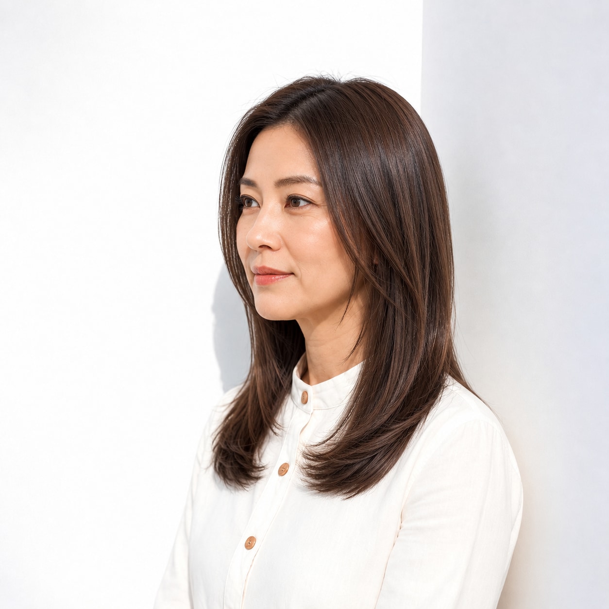 7. ストレートセミロング × 前髪なし：つややかで端正に