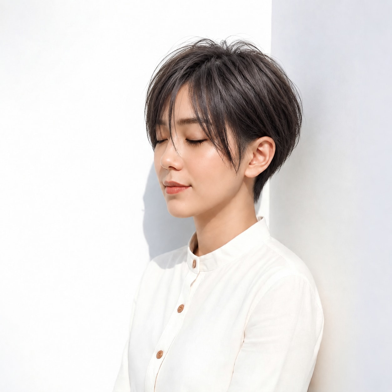 12. タイトなハンサムショート × ダークブラウン：残した前髪で表情をつける