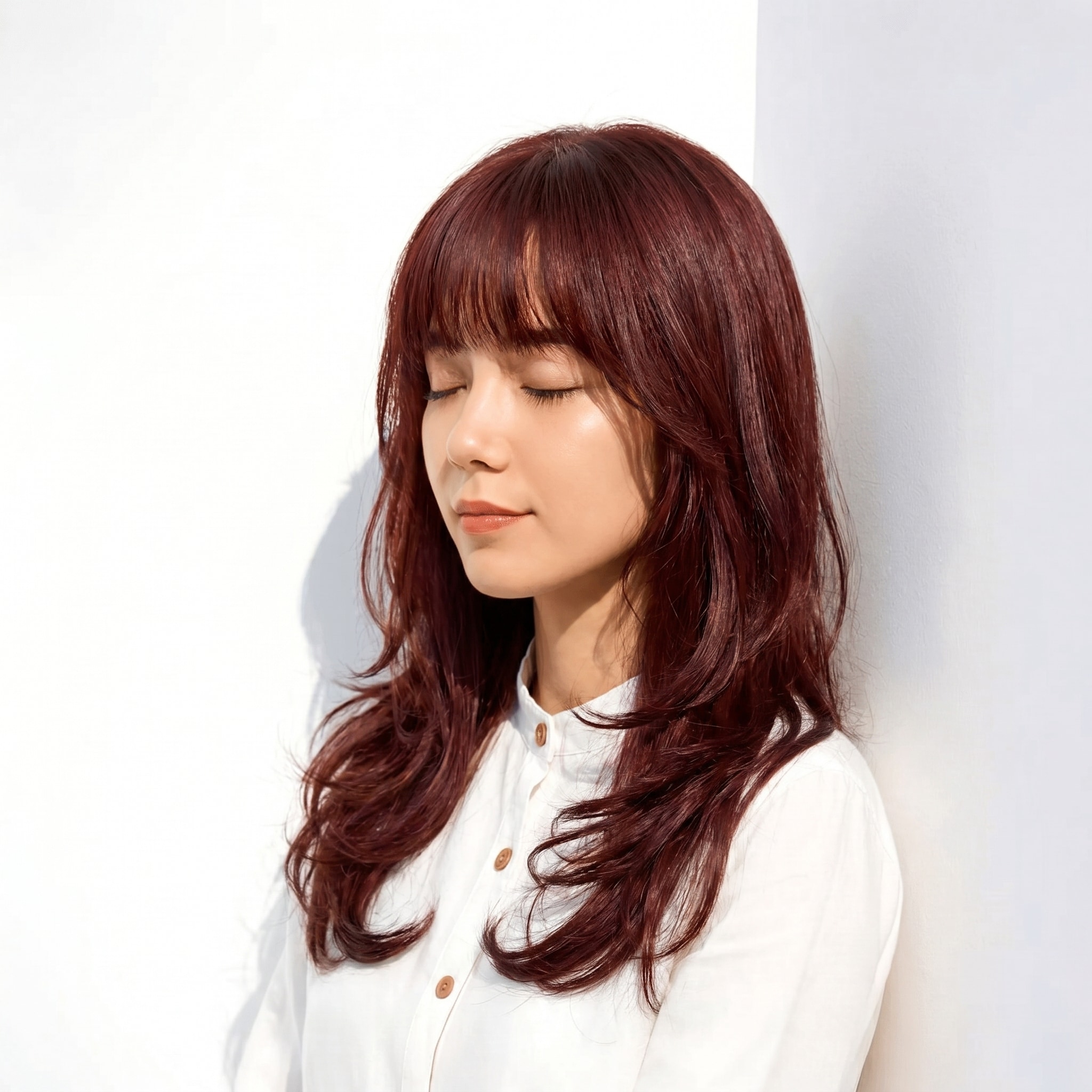 17. チェリーレッド×モノトーン派: 落ち着きと華やぎを両立するヘアカラー