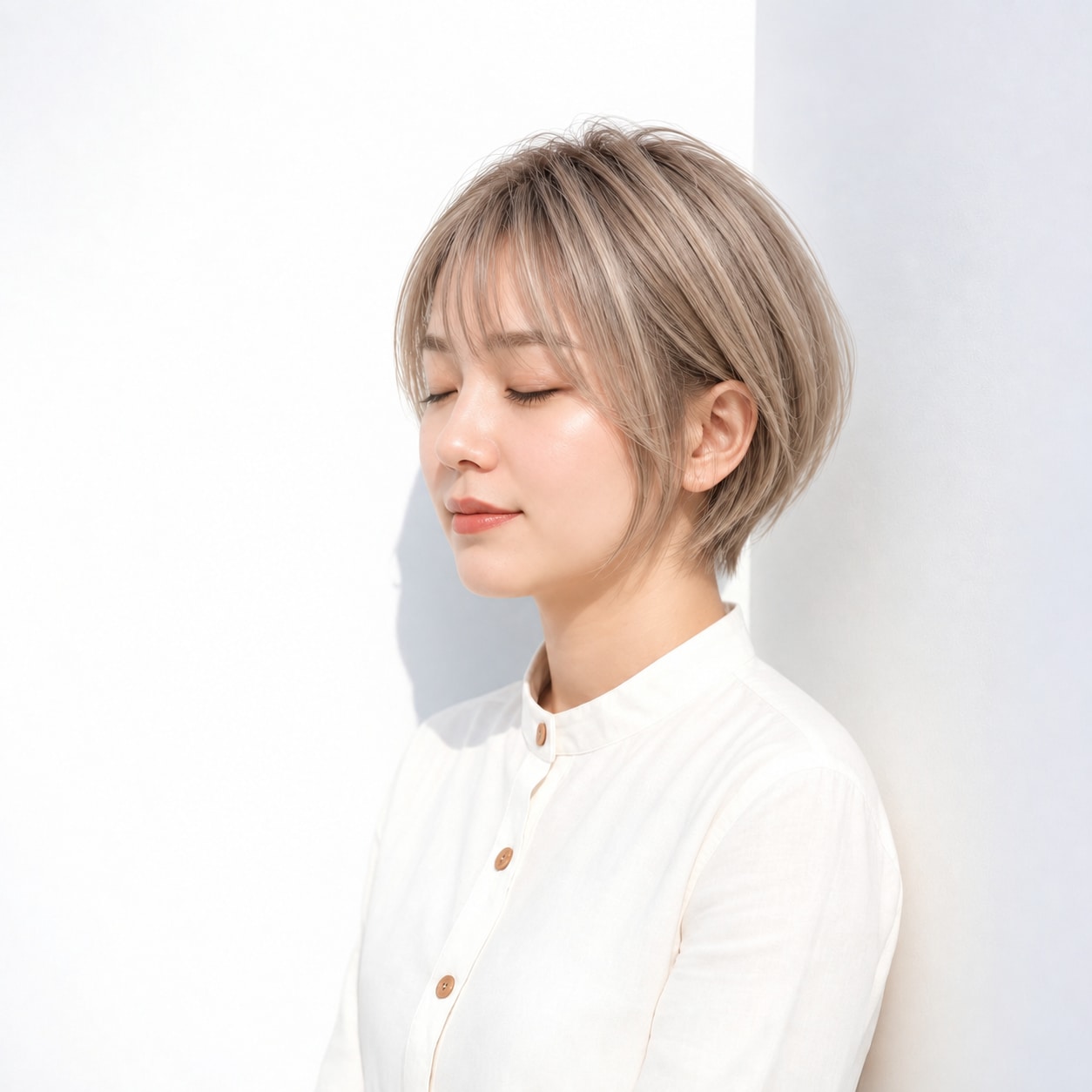 17. ハイトーンボブ × 耳かけアレンジ：片側に余白ができ、コンパクトな形へ軽さを足せます