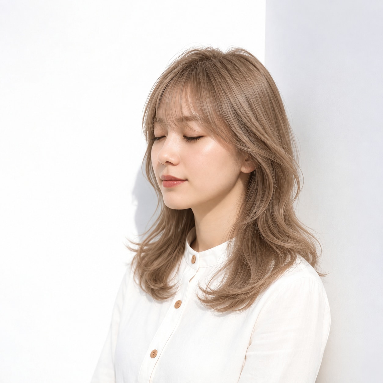 ゆるいウェーブと落ち着いたハニーベージュのミディアム