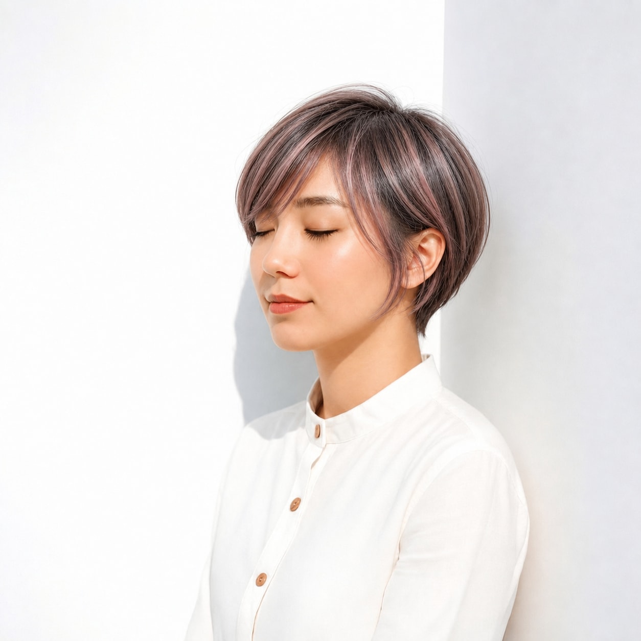 17. ピンクハイライト×ショート: 細いピンクベージュで短めショートになじみやすい