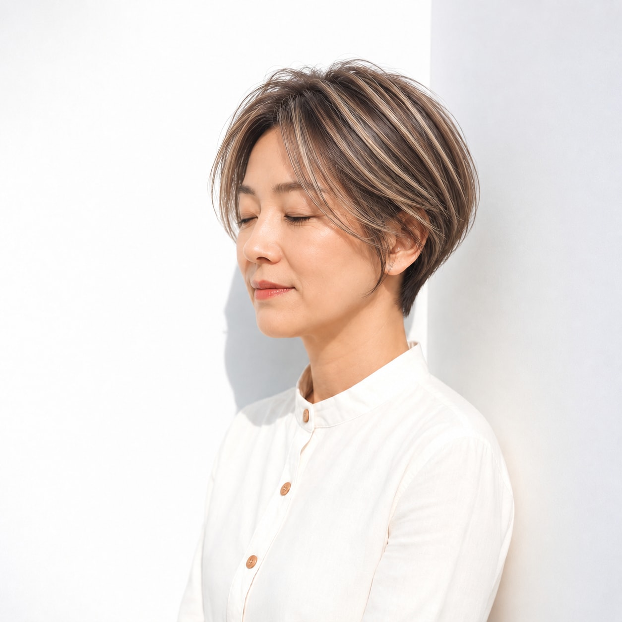 10. ベージュメッシュ × 流し前髪ショート：毛流れを印象的に