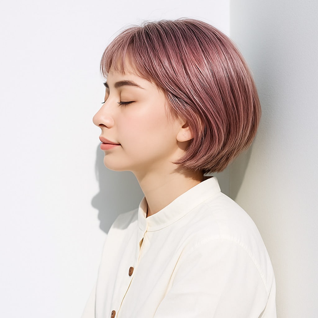 17. ホワイトピンク×ショートボブ：動きが出るふんわり感が魅力的に
