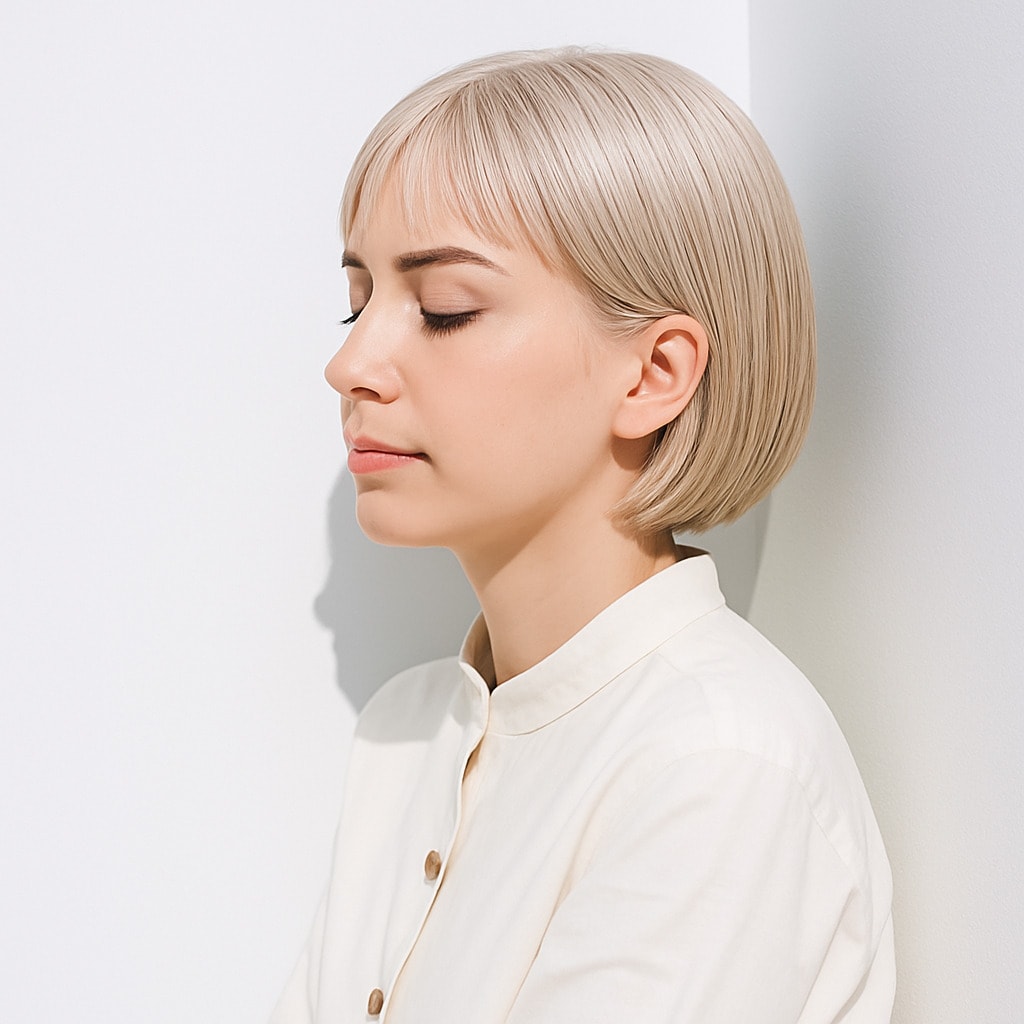 17. ホワイトブロンド×ボブ：ミニマルなツヤが際立つ髪色