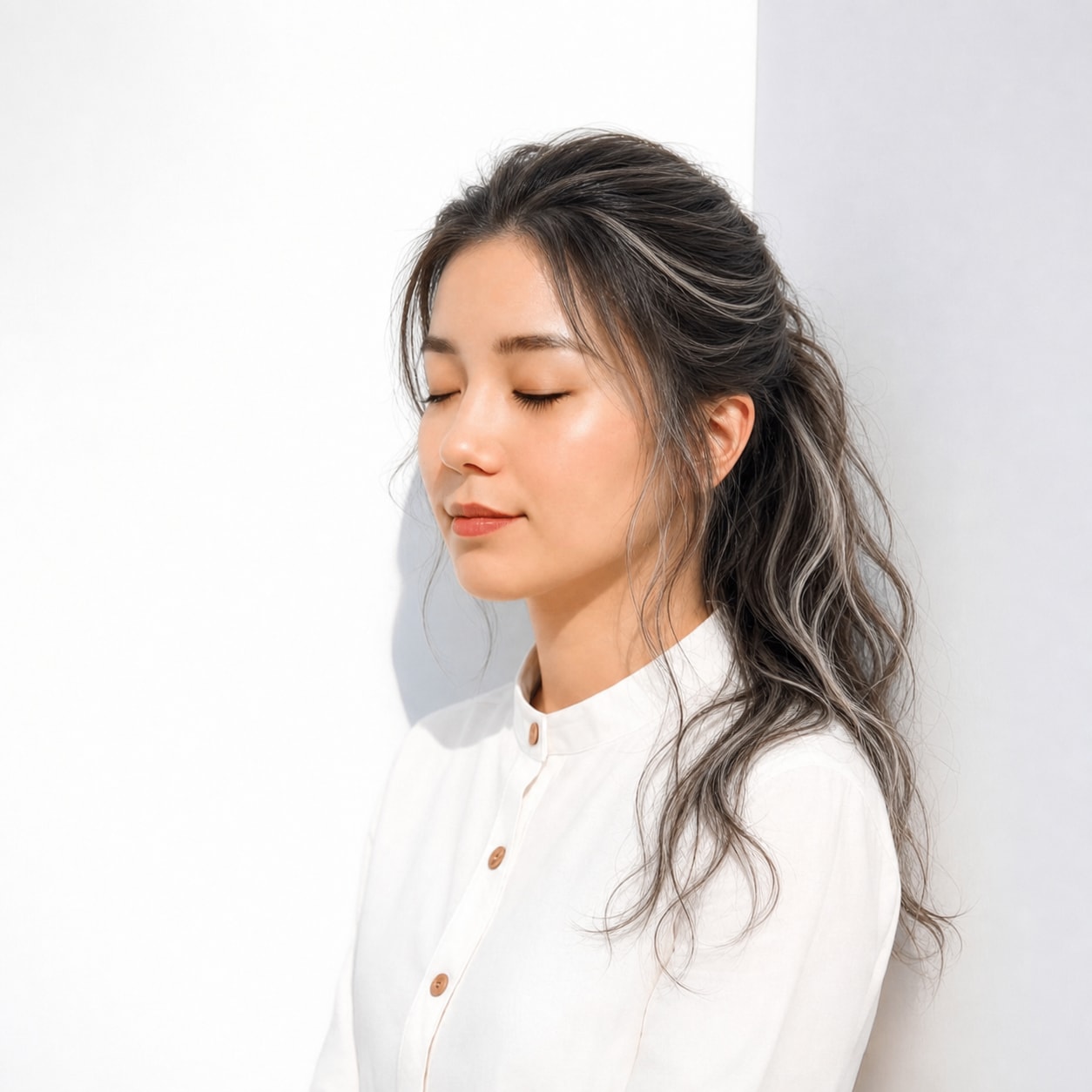 17. ホワイトメッシュ×ウェーブロング: 明るいラインでアレンジした時も華やかさが残る