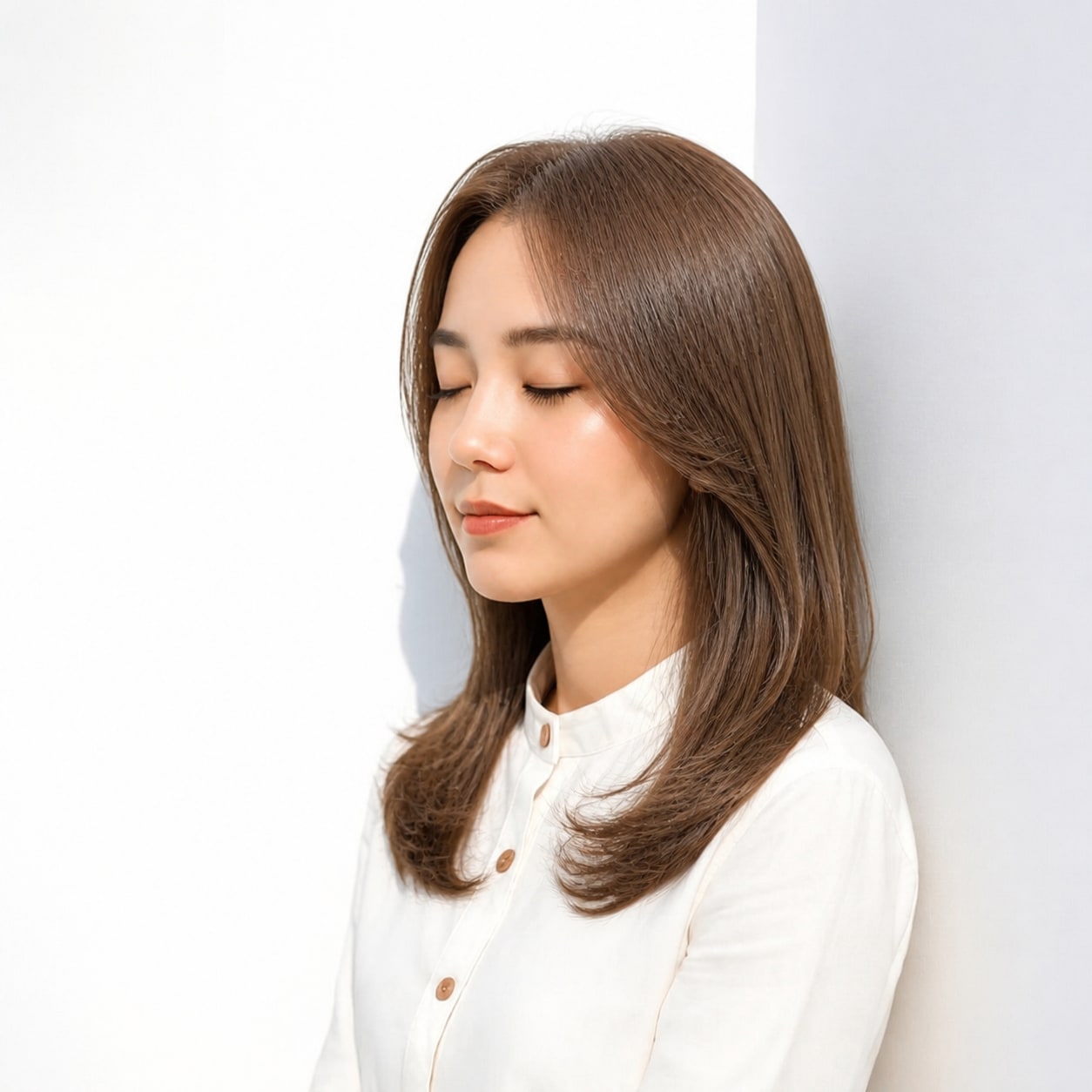 17. マロンブラウン × ストレートミディ：自然な清潔感に