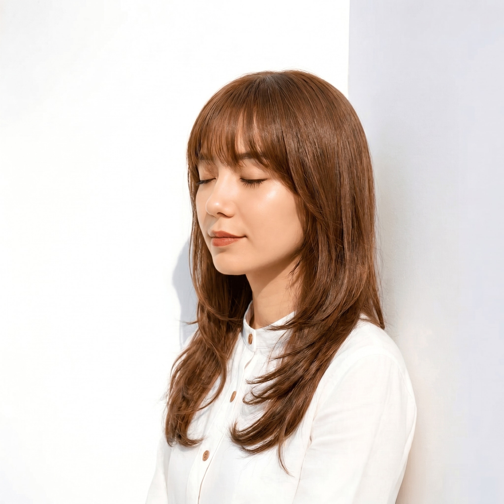 17. マロンベージュ×ミディアムレイヤー: 軽やかに揺れる髪が顔色を明るく見せる