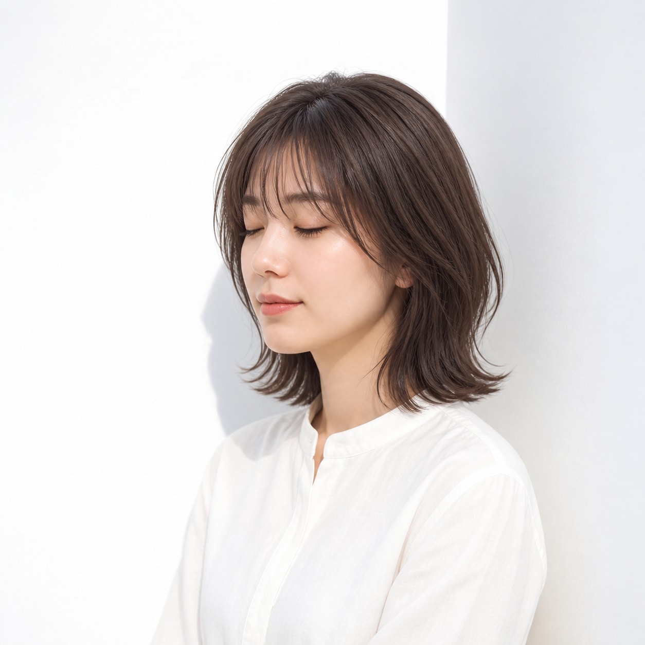 17. ミディアムレイヤー × 前髪あり × あごライン：顔まわりに斜めの線が入り、輪郭を自然に包めます