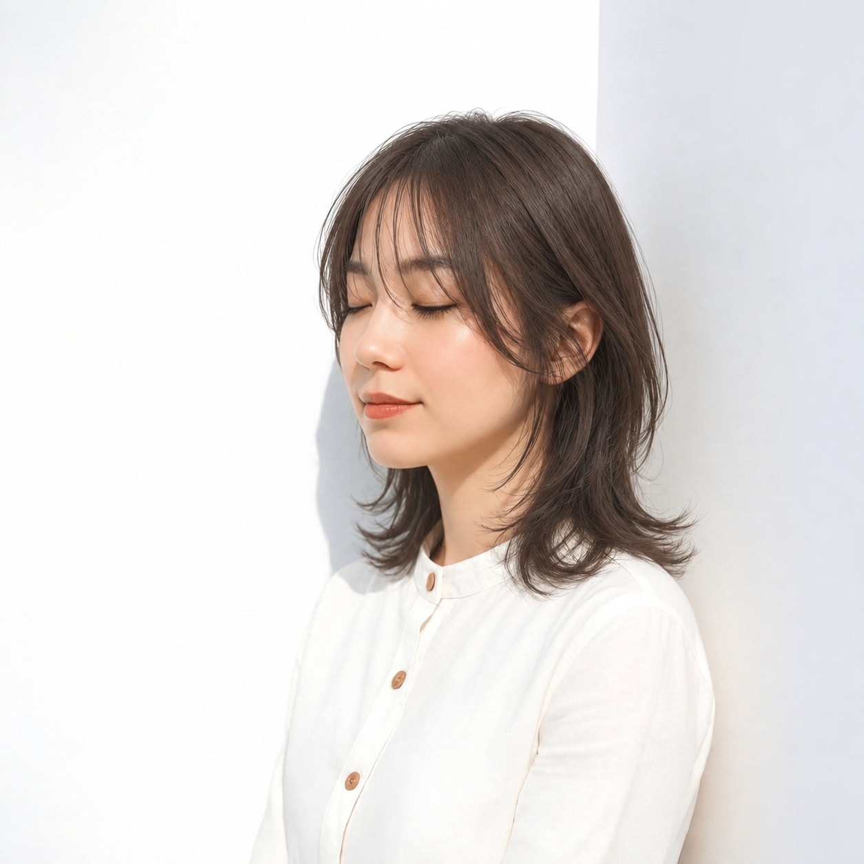 17. ミディアムヘア × 薄め前髪：額にすき間ができ、レイヤーの軽さが顔まわりまで続きます